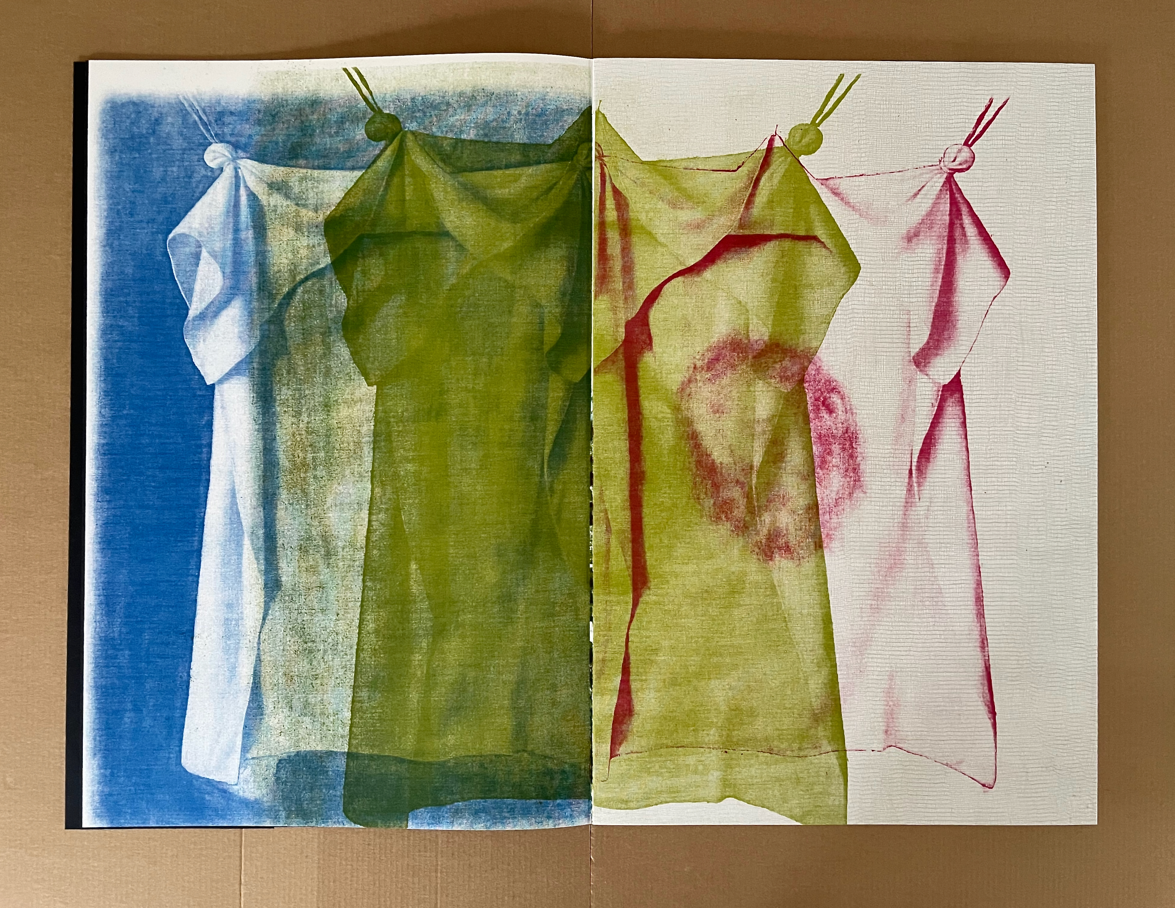 A visually striking image of three translucent garments hanging against a gradient background, showcasing colors of blue, green, and pink.
