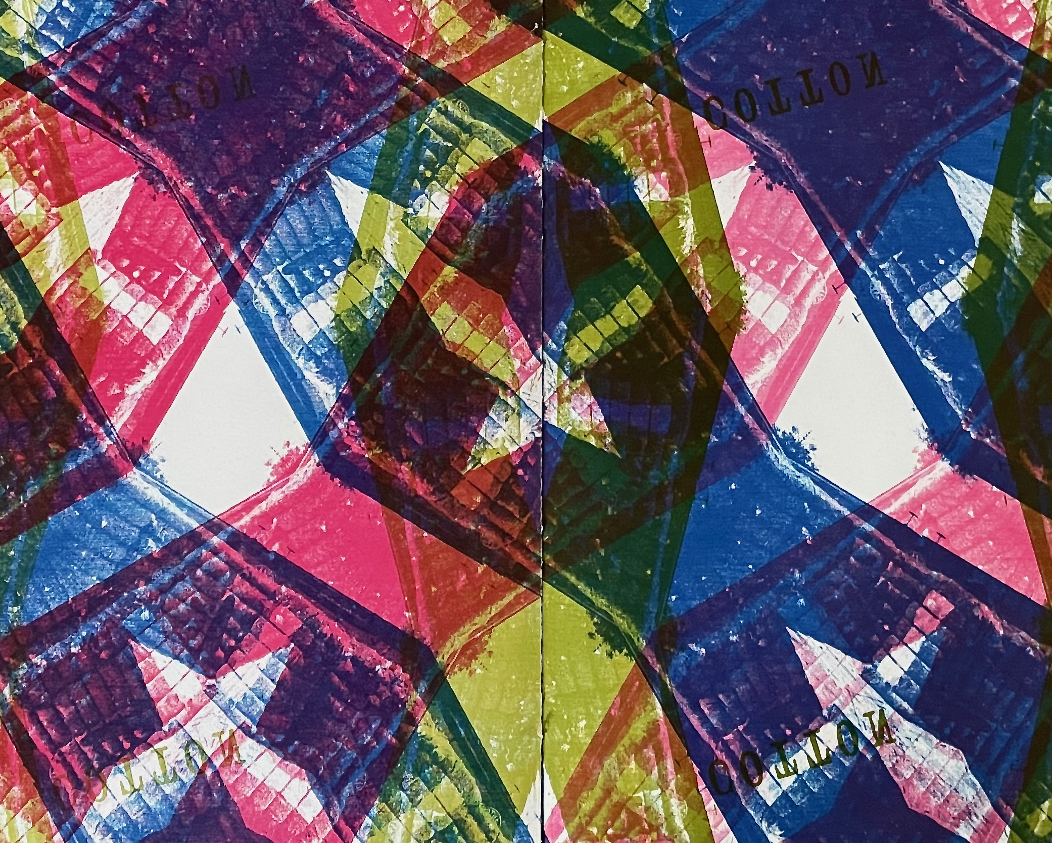 Abstract pattern featuring vibrant colors including red, blue, green, and yellow, arranged in a geometric design with star-like shapes.