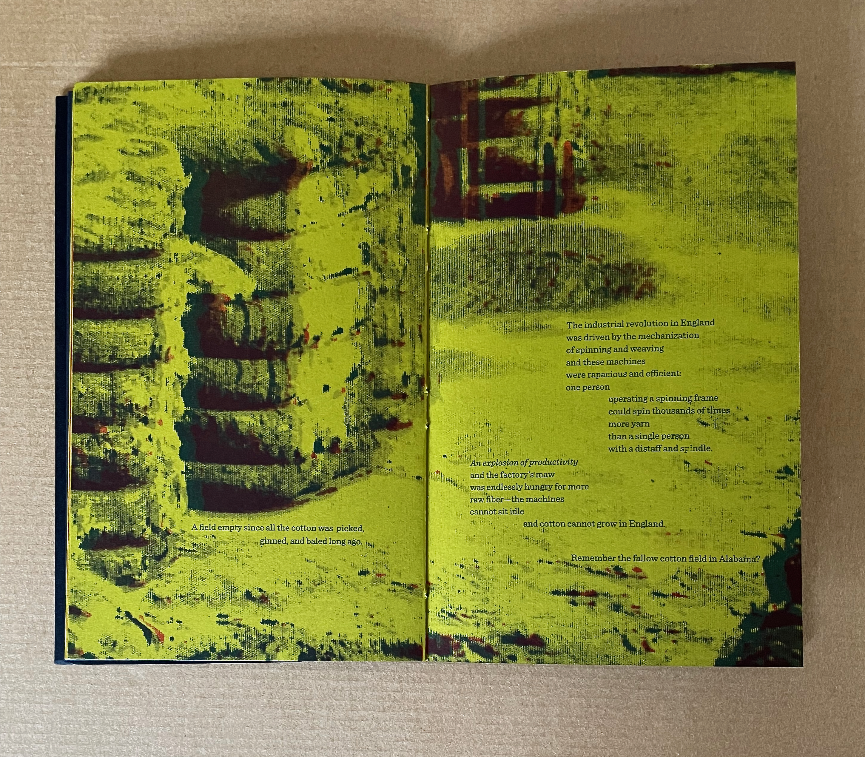 Open book spread featuring abstract art with yellow and green colors, accompanied by text discussing the industrial revolution in England and its impact on cotton production.