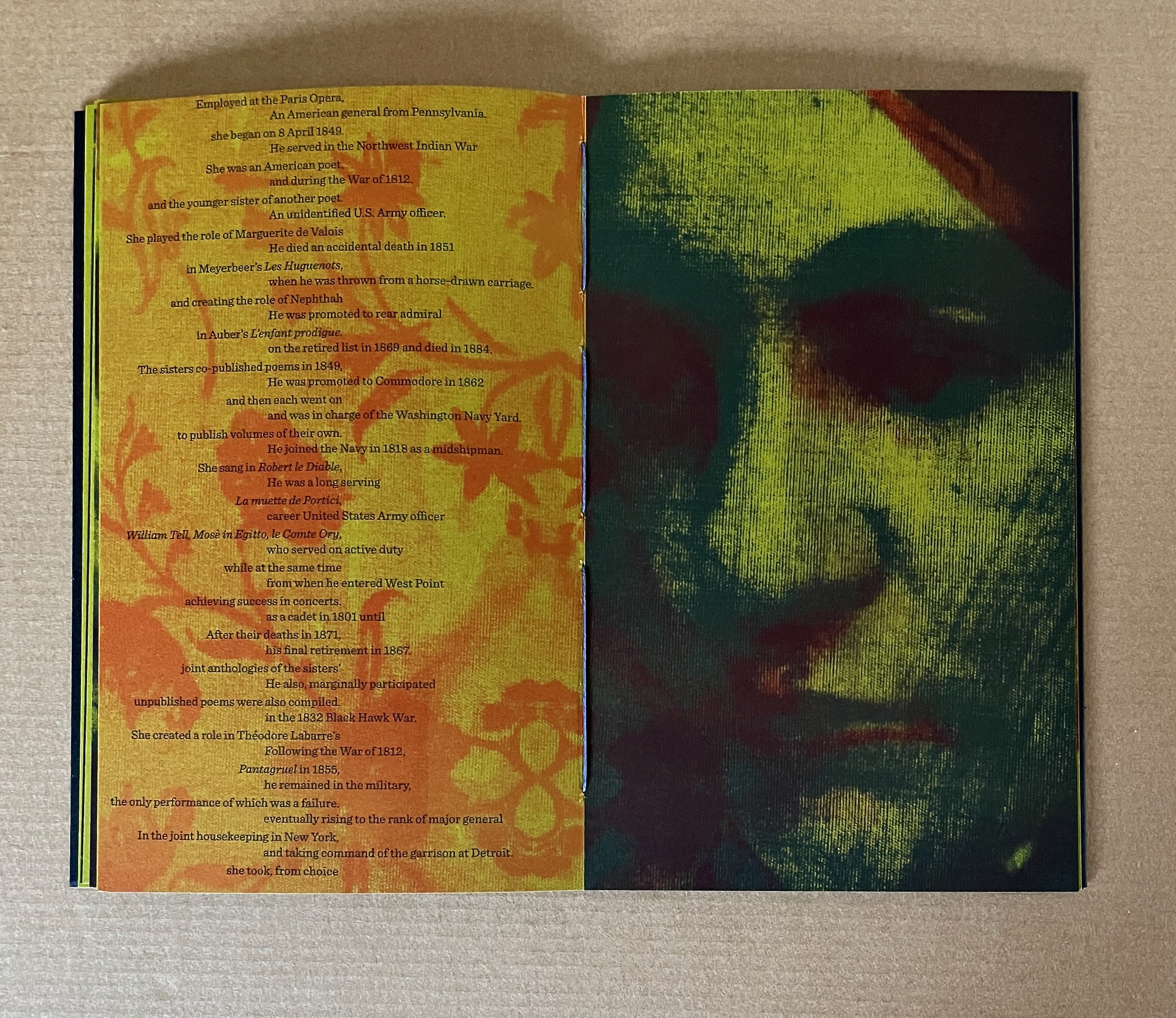 An open book featuring a colorful background with a portrait and text about historical figures and events.
