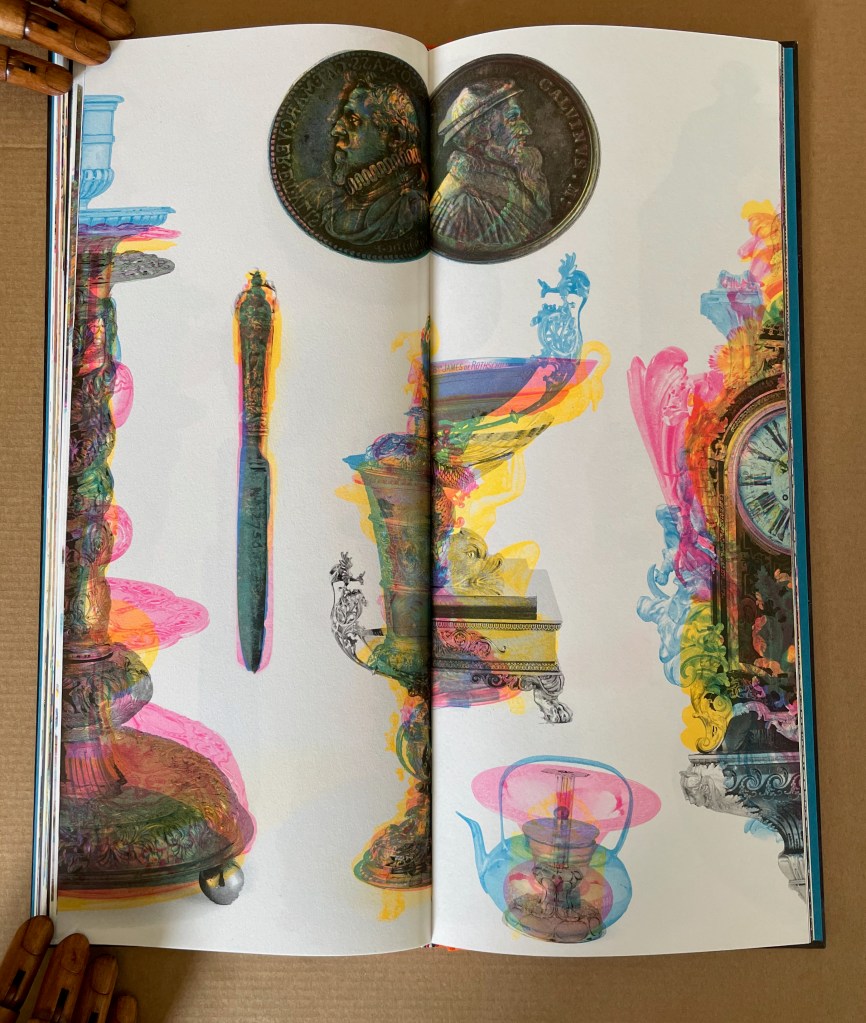 A vibrant illustration of various antique items, including a pen, a teapot, decorative vases, and a clock, featuring colorful abstract overlays.