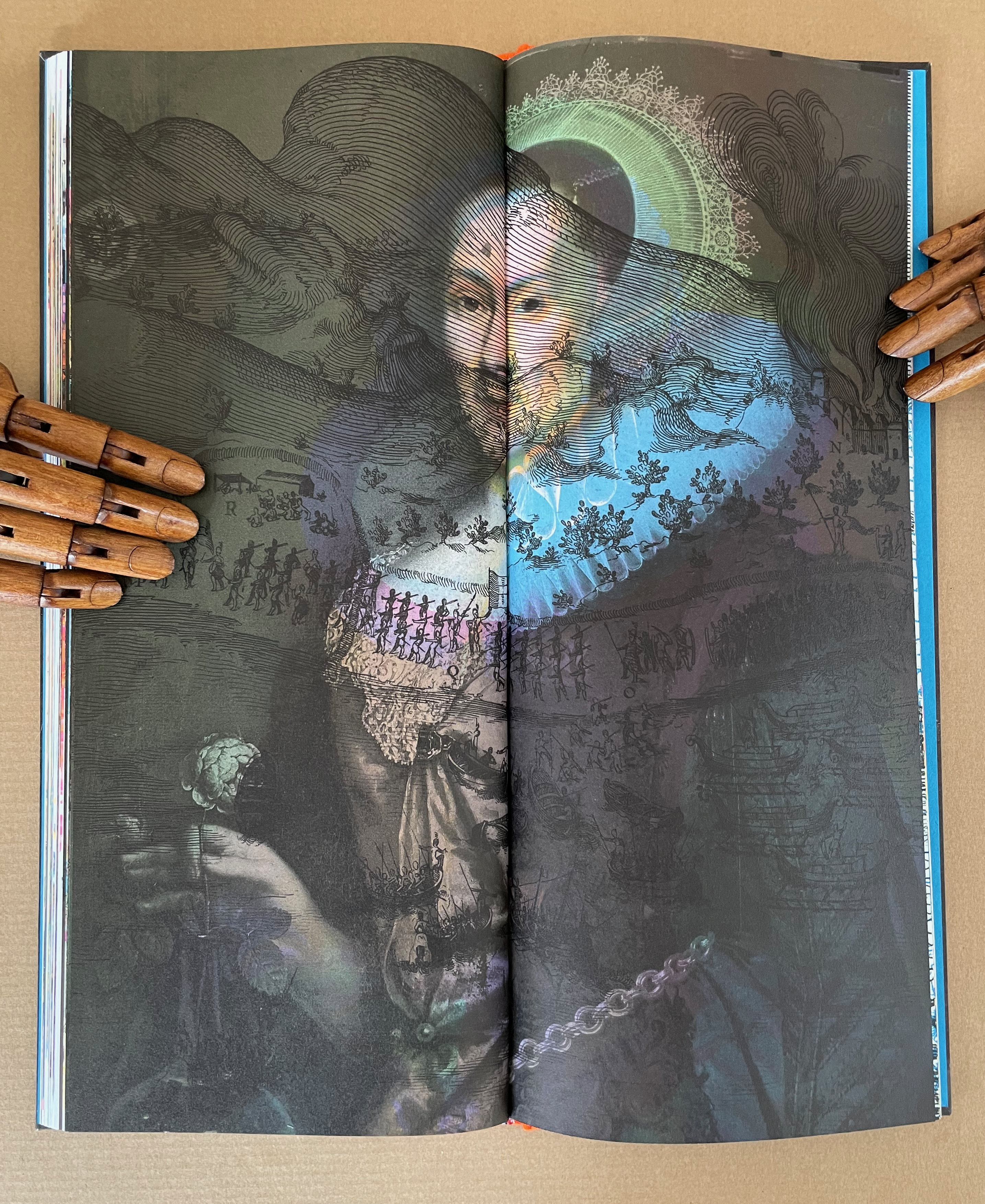 An art book open to a two-page spread featuring a stylized portrait of a historical figure surrounded by intricate line drawings and abstract elements, with wooden hands holding the book edges.
