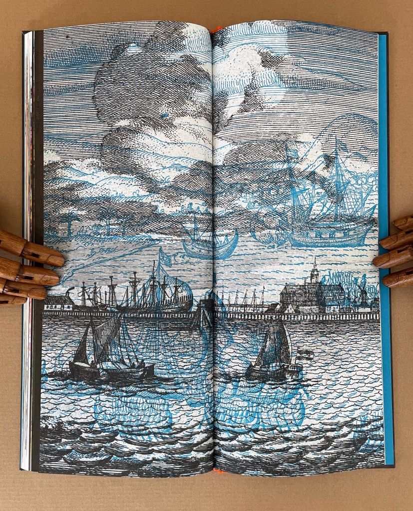 An open book featuring an illustrated seascape with ships on the water, surrounded by clouds and a harbor view. The artwork is rendered in shades of blue and black.