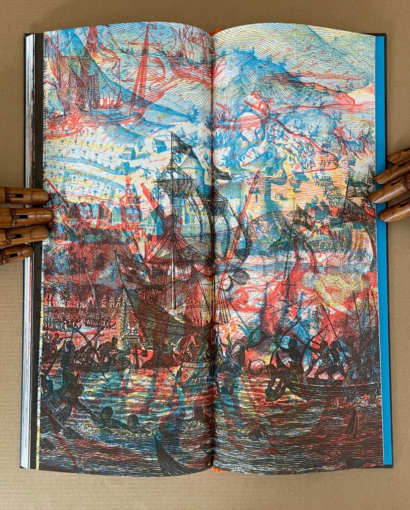 An open book displaying a colorful artistic illustration of a naval battle, featuring ships, sea fighters, and a dramatic sky.