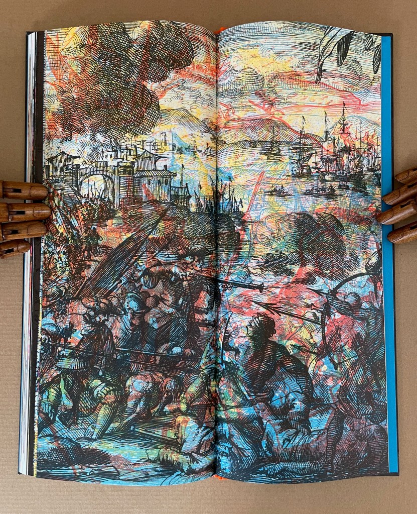 An artistic depiction of a historical battle scene, with soldiers engaged in combat amidst a colorful sky and ships in the background, featured in an open book.