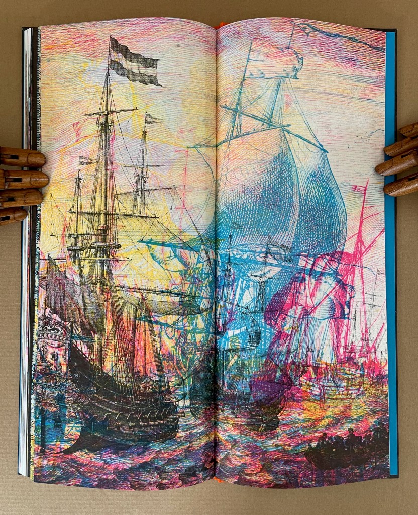 An open book featuring a vibrant illustration of sailing ships on turbulent waters, with a colorful background blending hues of pink, blue, and yellow.
