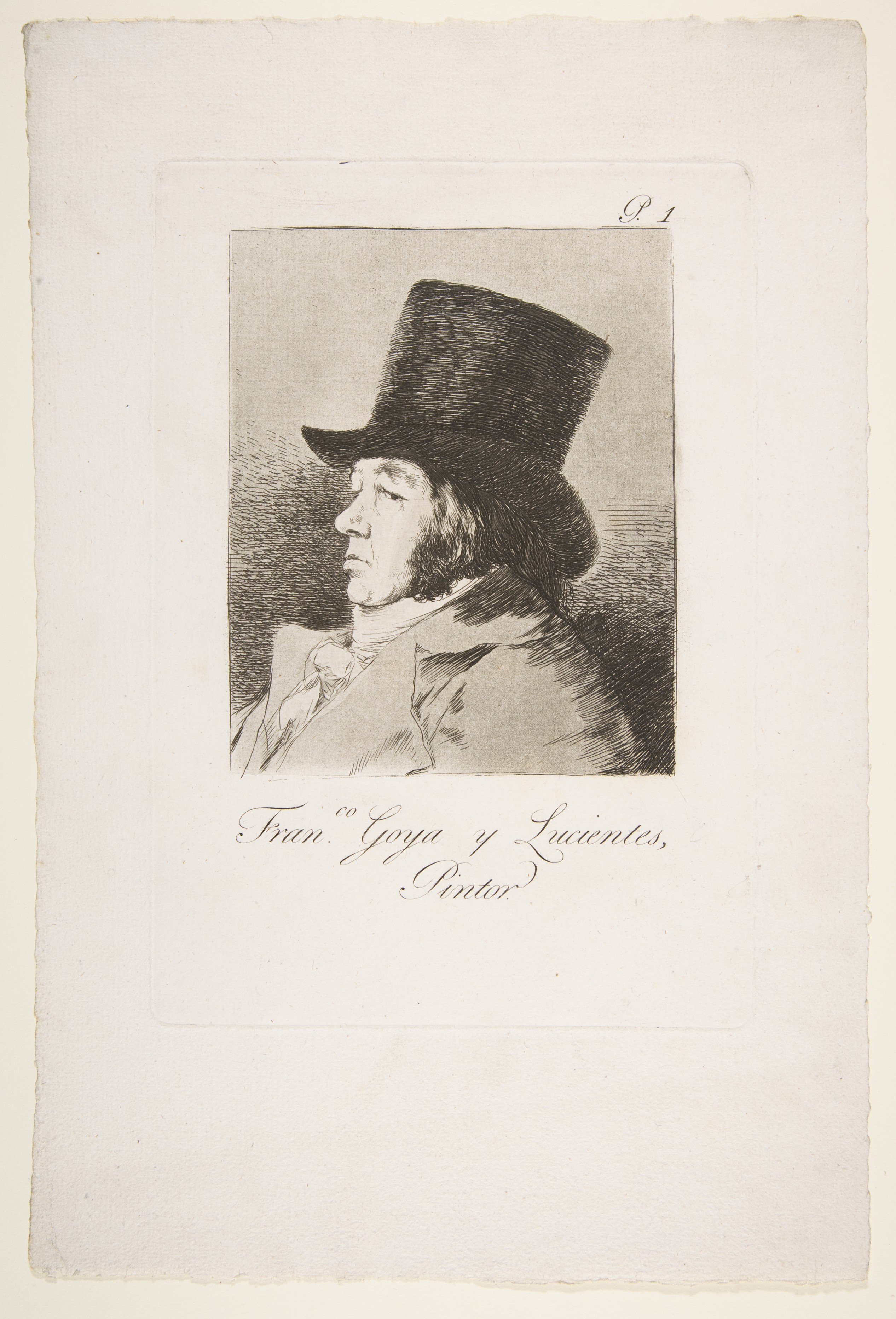 A portrait in profile of a man wearing a tall black hat and formal attire, with a caption that reads 'Fran.co Goya y Lucientes, Pintor'.