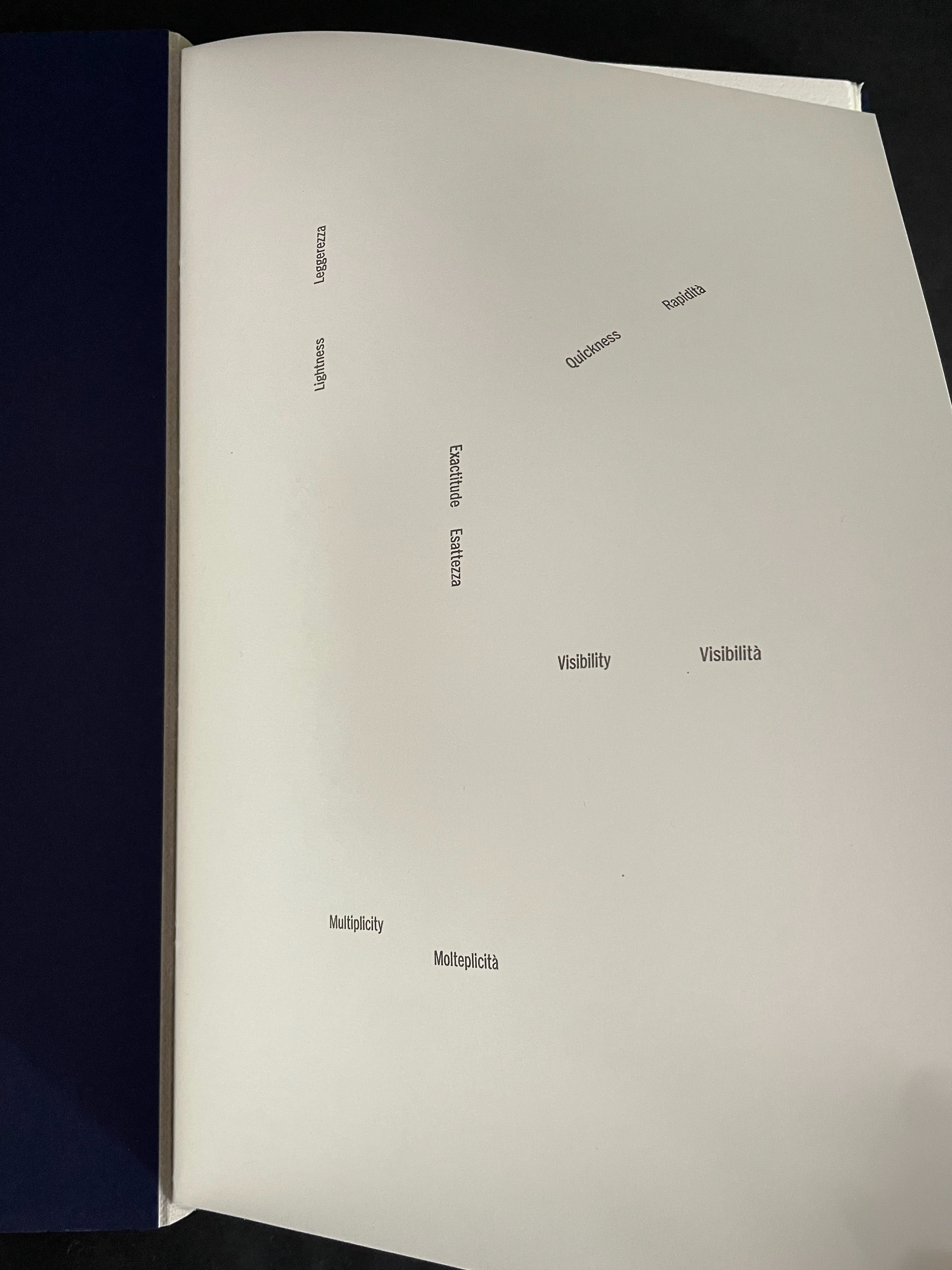 An open book page with various words printed in different languages, including 'Quickness', 'Visibility', and their translations.
