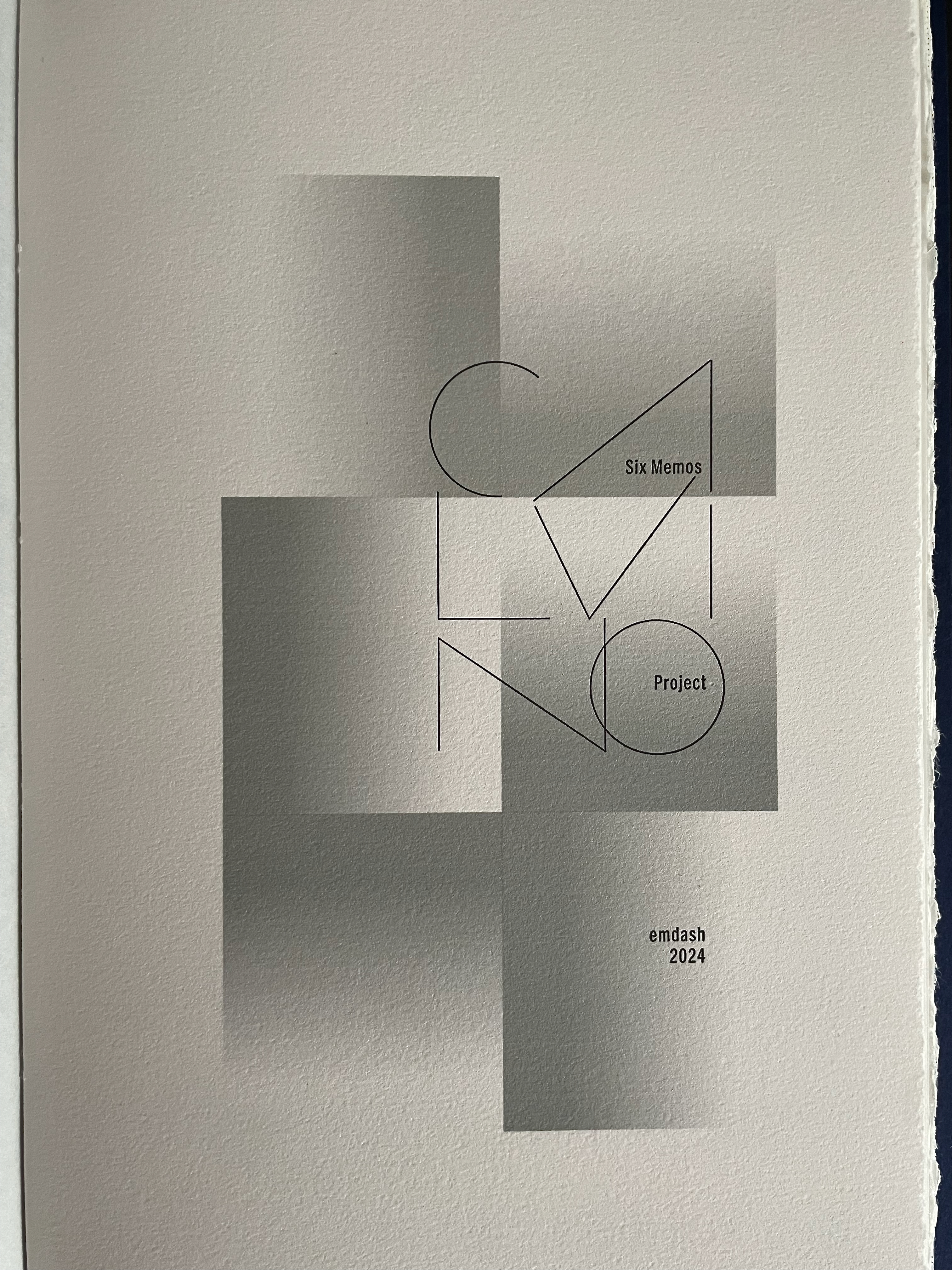 Artistic cover design featuring geometric shapes and text: 'Six Memos Project' by emdash, 2024.