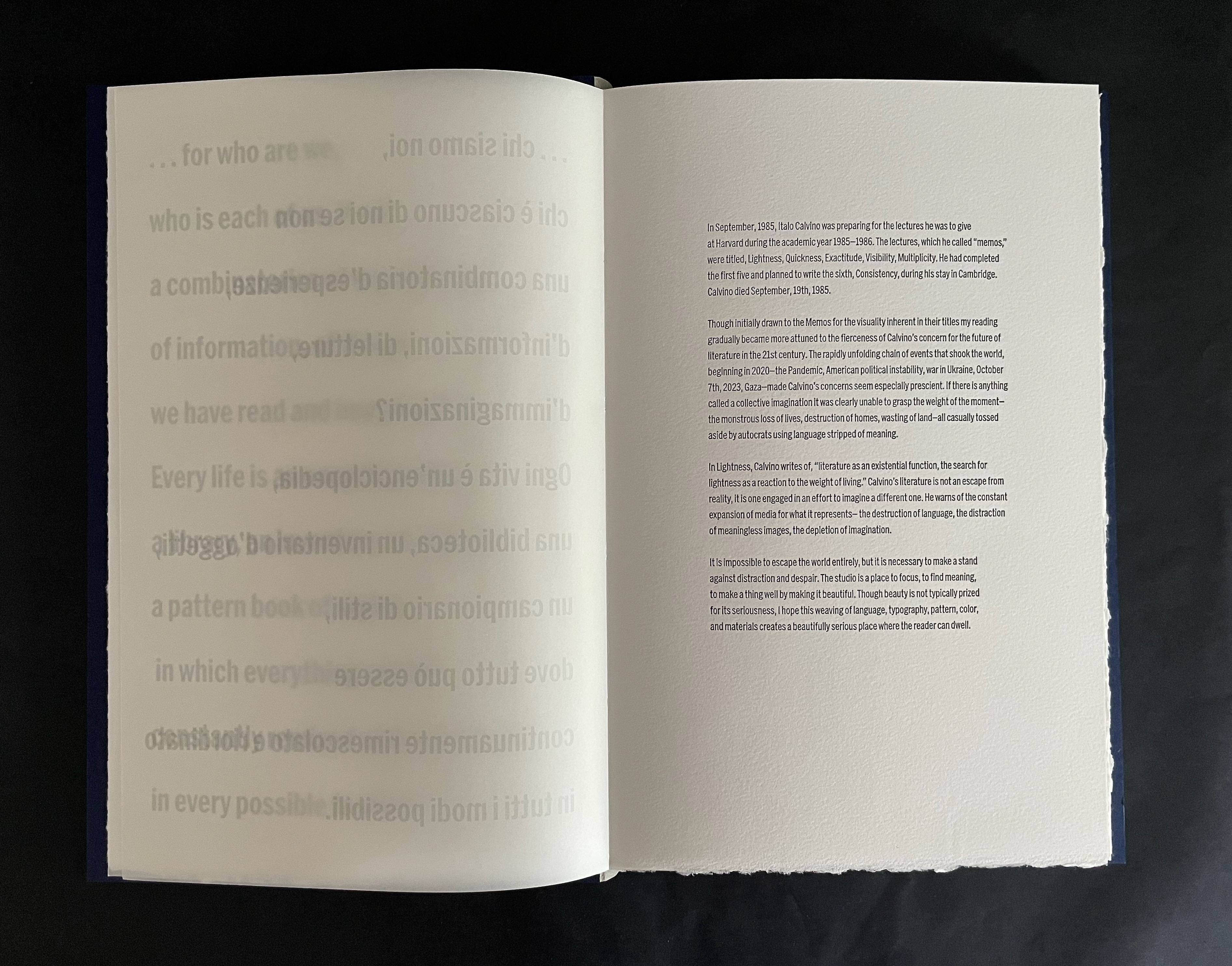 Open book with pages displaying blurred text, featuring a blend of philosophical and literary reflections, against a dark background.