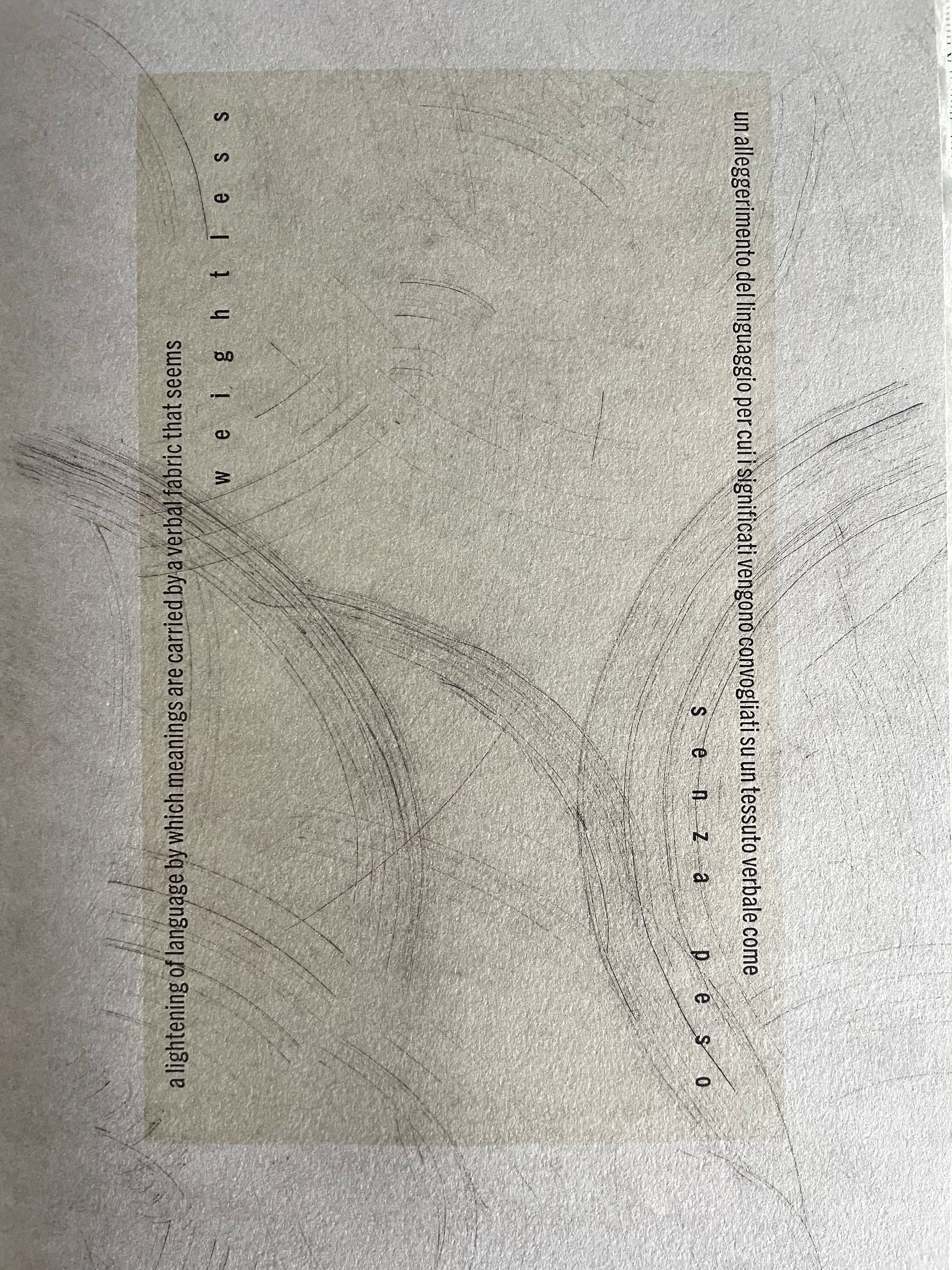 An artistic print featuring the text 'weightless' and a description in Italian, with sketch-like lines creating a minimal, abstract background.