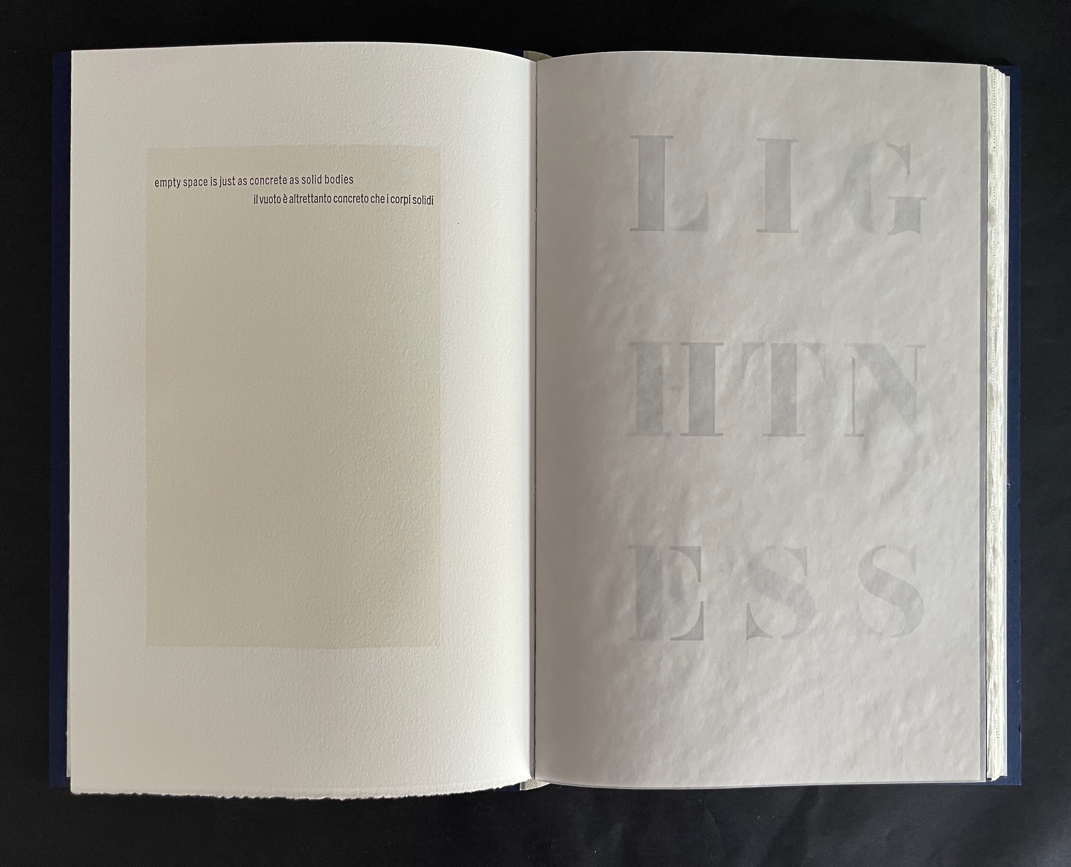 An open book page featuring the phrase 'empty space is just as concrete as solid bodies' in a light-colored box on the left, and the word 'LIGHTNESS' printed in large, faint letters on the right page.