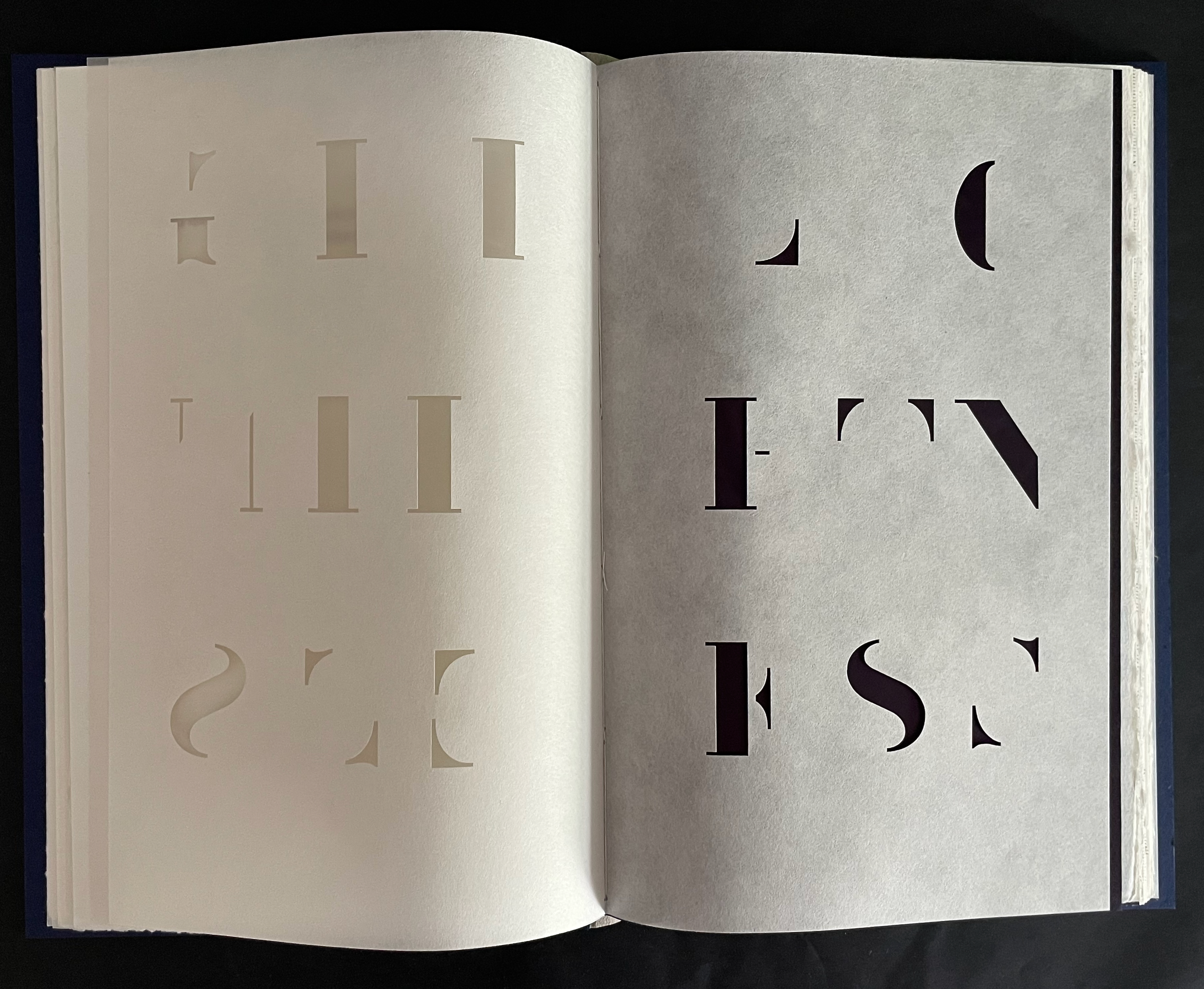 Open book displaying pages with abstract cut-out letters on a light background.