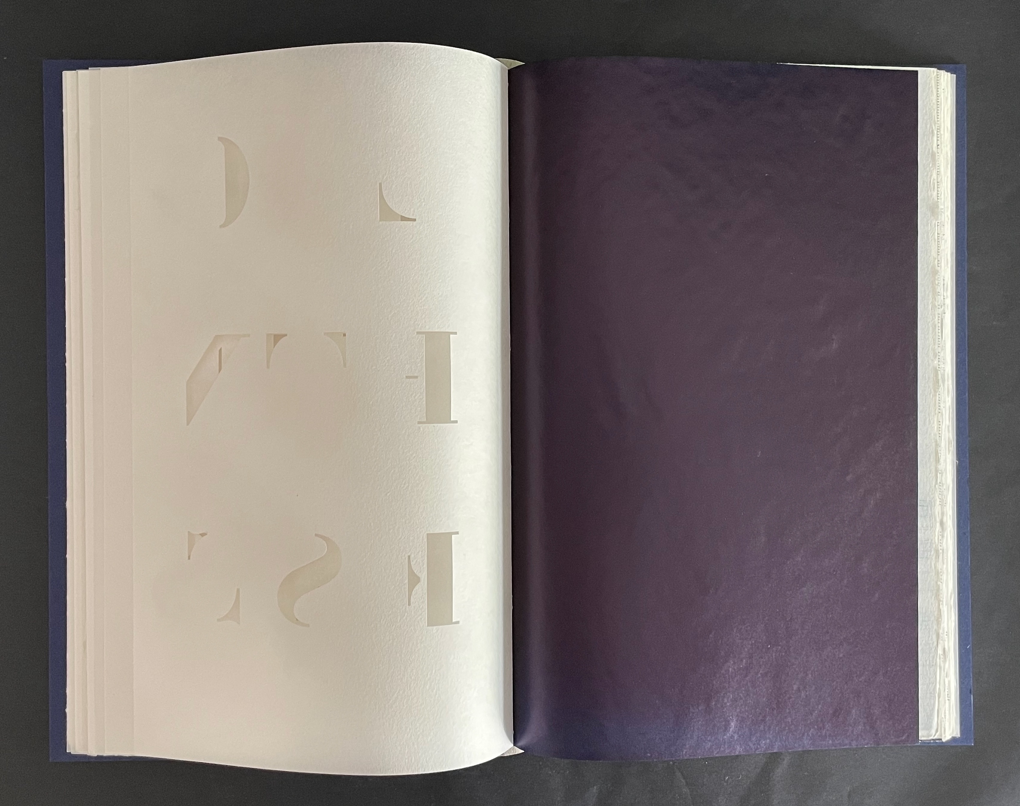 An open book with a purple cover, displaying a page featuring cut-out shapes and letters on the left side, against a plain white background.