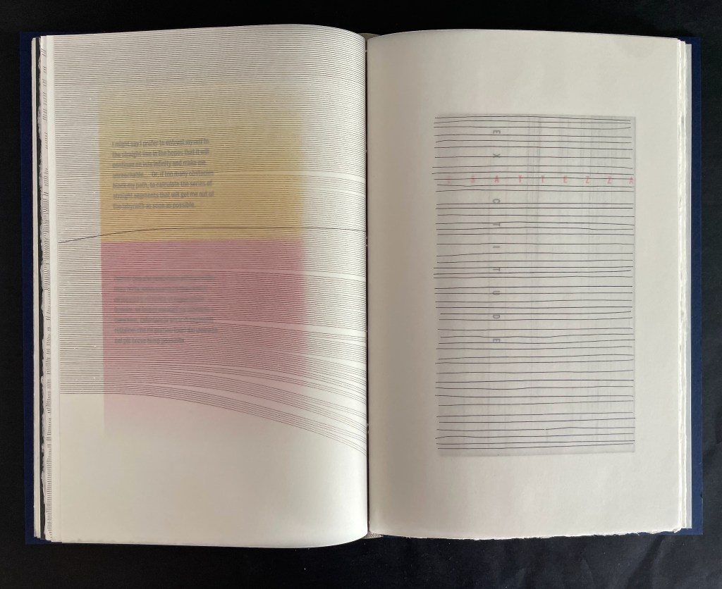 An open book displaying two pages; the left page features text with a gradient yellow to pink background, while the right page has a grid of fine horizontal lines with a few highlighted elements.