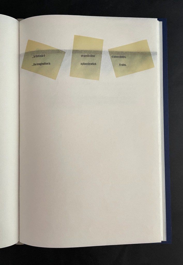 An open book page featuring three transparent sticky notes with text in Italian and English. The notes describe imagination as a place where it rains inside.