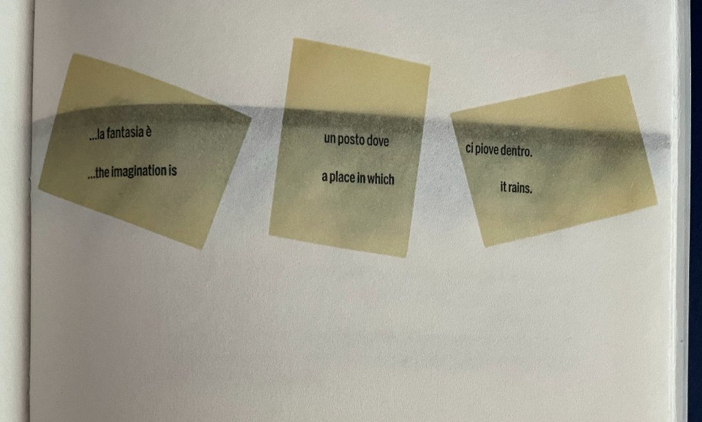 Image of three overlapping sticky notes with text in Italian and English, discussing imagination as a place where it rains inside.