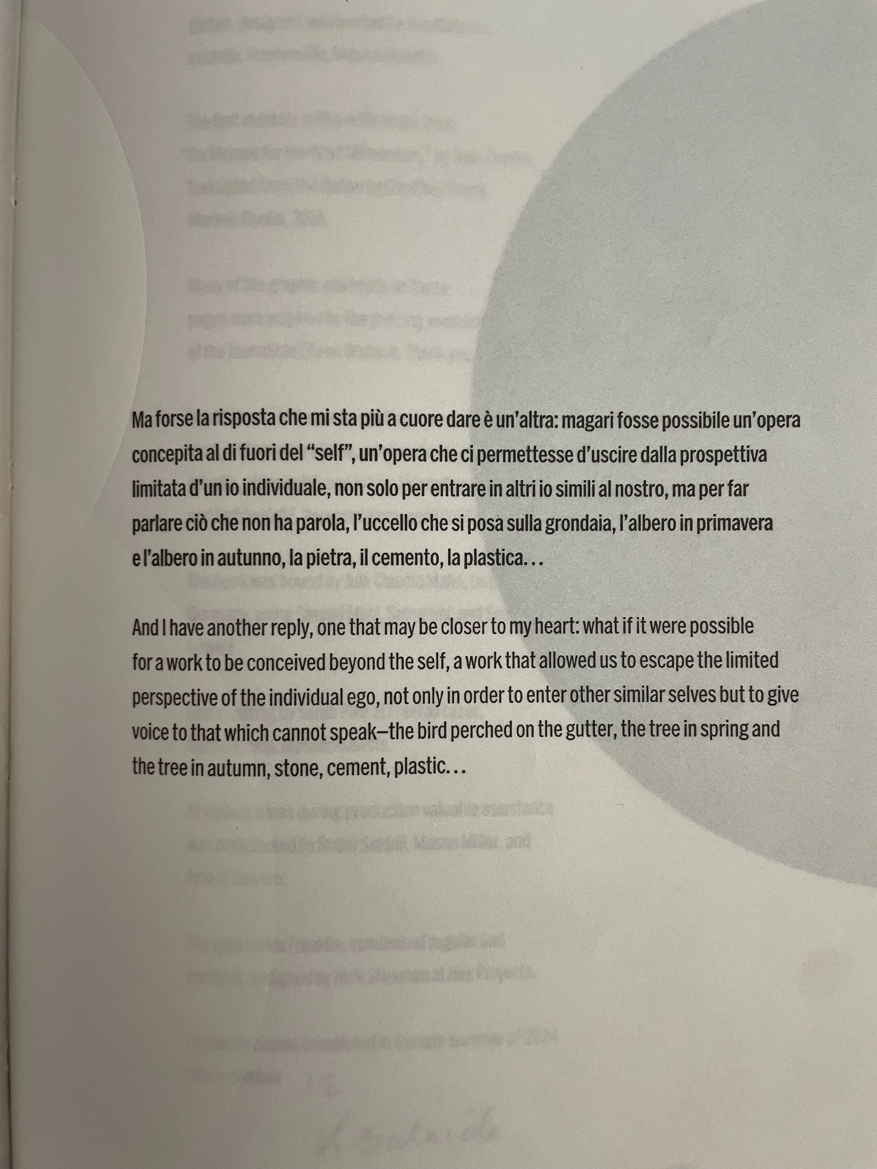 Page of text featuring reflections on art and the concept of self, discussing perspectives beyond individuality.
