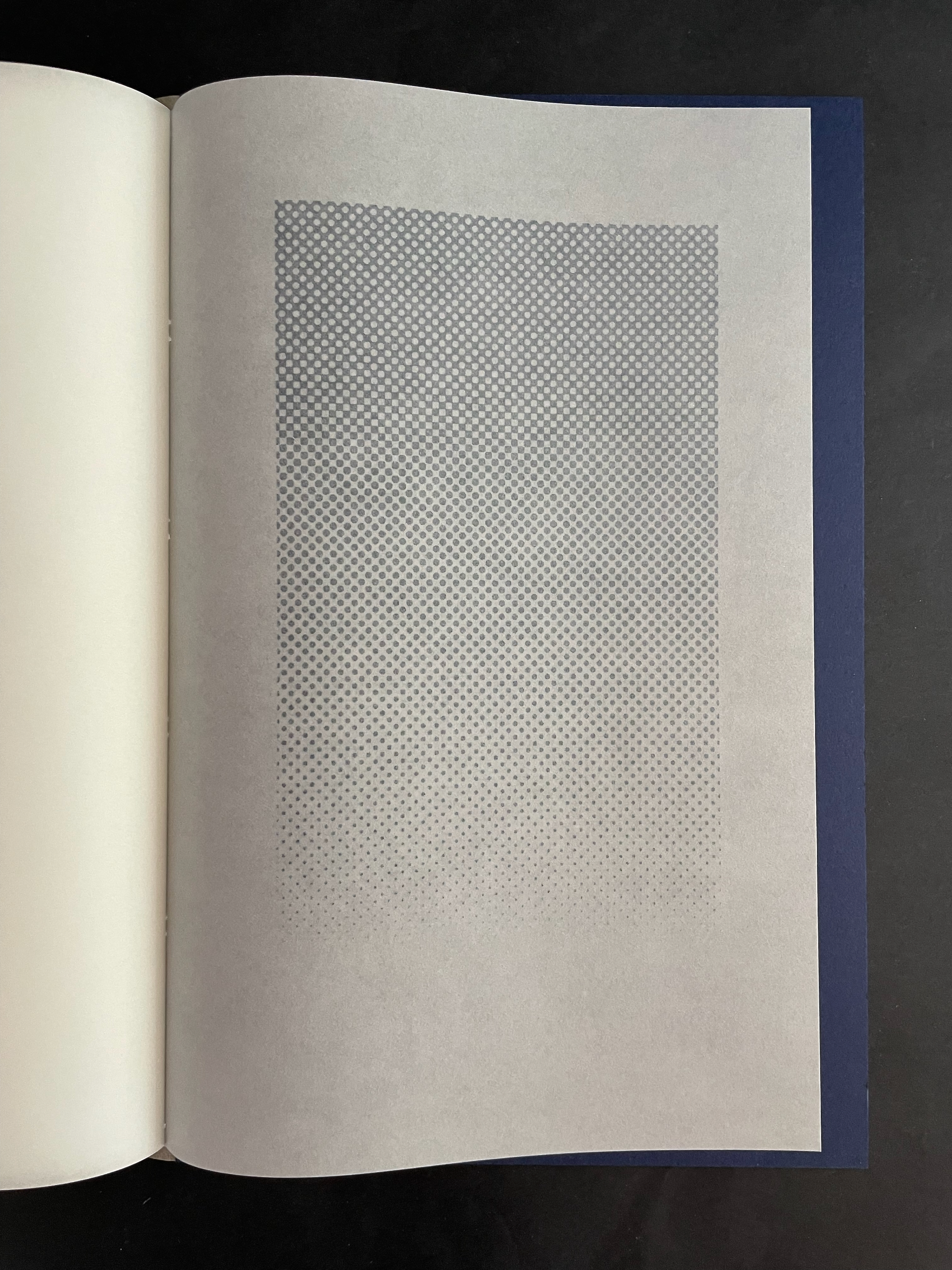A gray dotted pattern on a translucent page, set against a blank white page and dark background.
