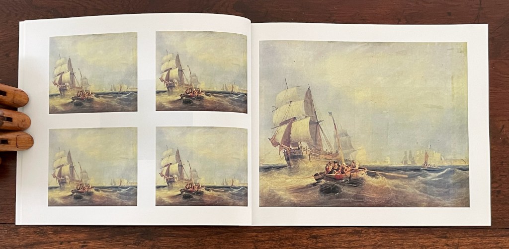 A spread of a book page featuring five maritime paintings, including ships on water and a group of people in a small boat.