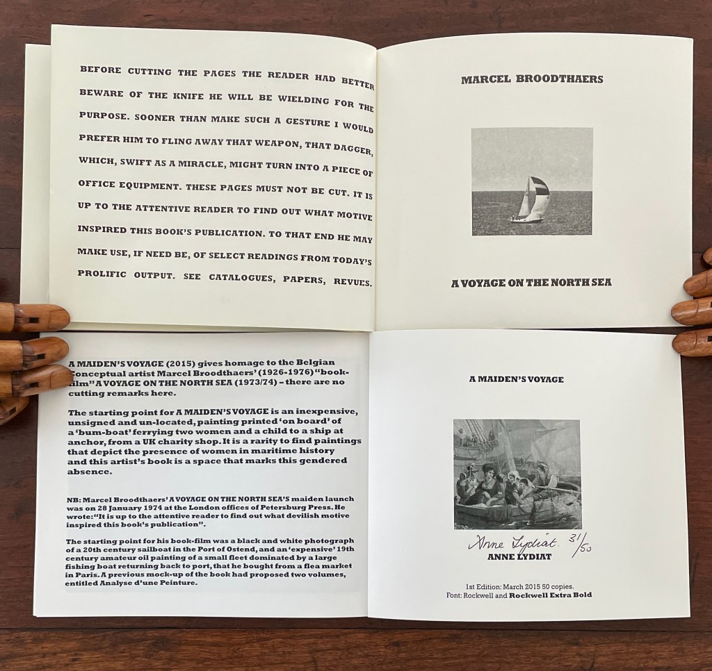 Open book pages with text discussing Marcel Broodthaers and his work, including 'A Maiden's Voyage' and 'A Voyage on the North Sea'. The left page features a black and white photo of a boat at sea, while the right page shows a historical image of women and a child on a ship.