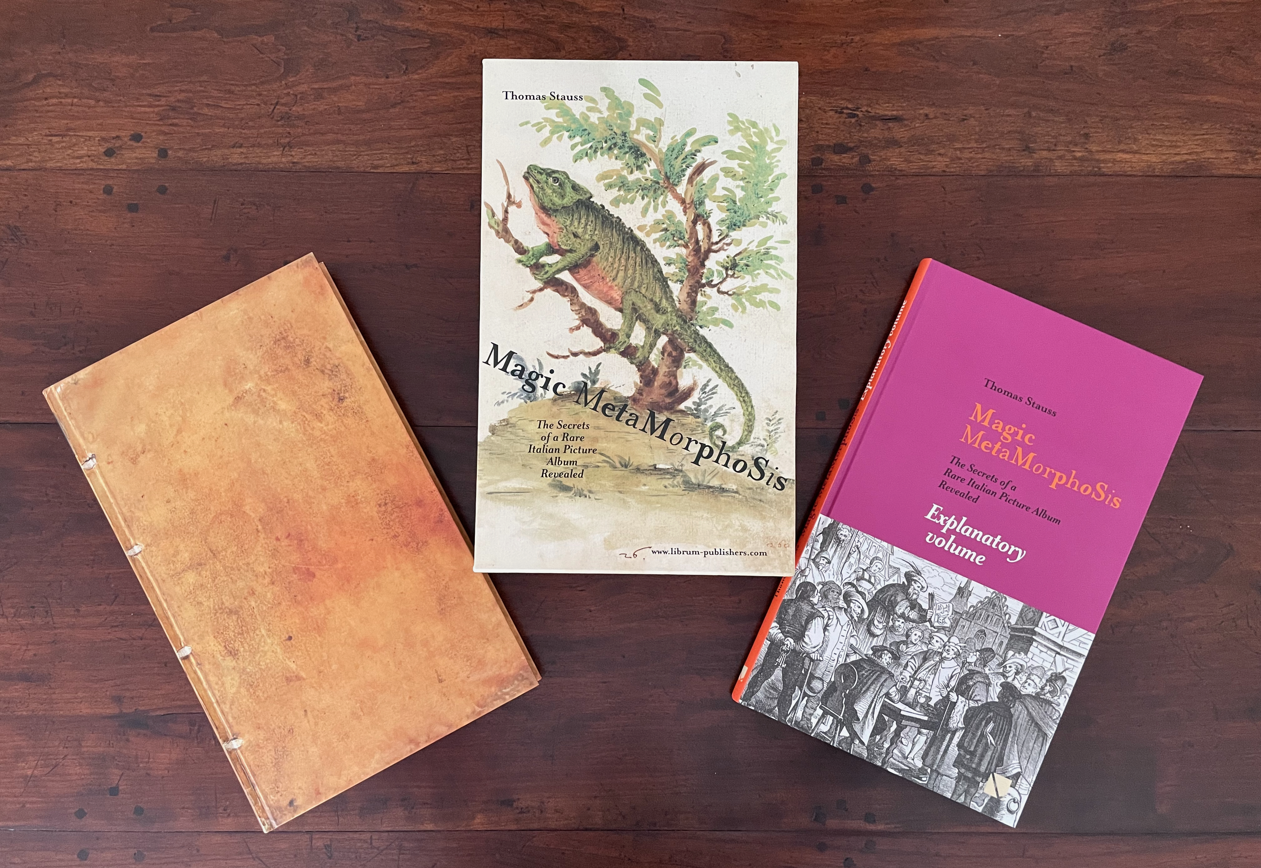 Three books are arranged on a wooden surface. The book on the left has a plain leather cover, the center book titled 'Magic MetaMorphoSis' features a colorful illustration of a lizard, and the right book is a pink cover with the same title and an intricate black and white image on the bottom.