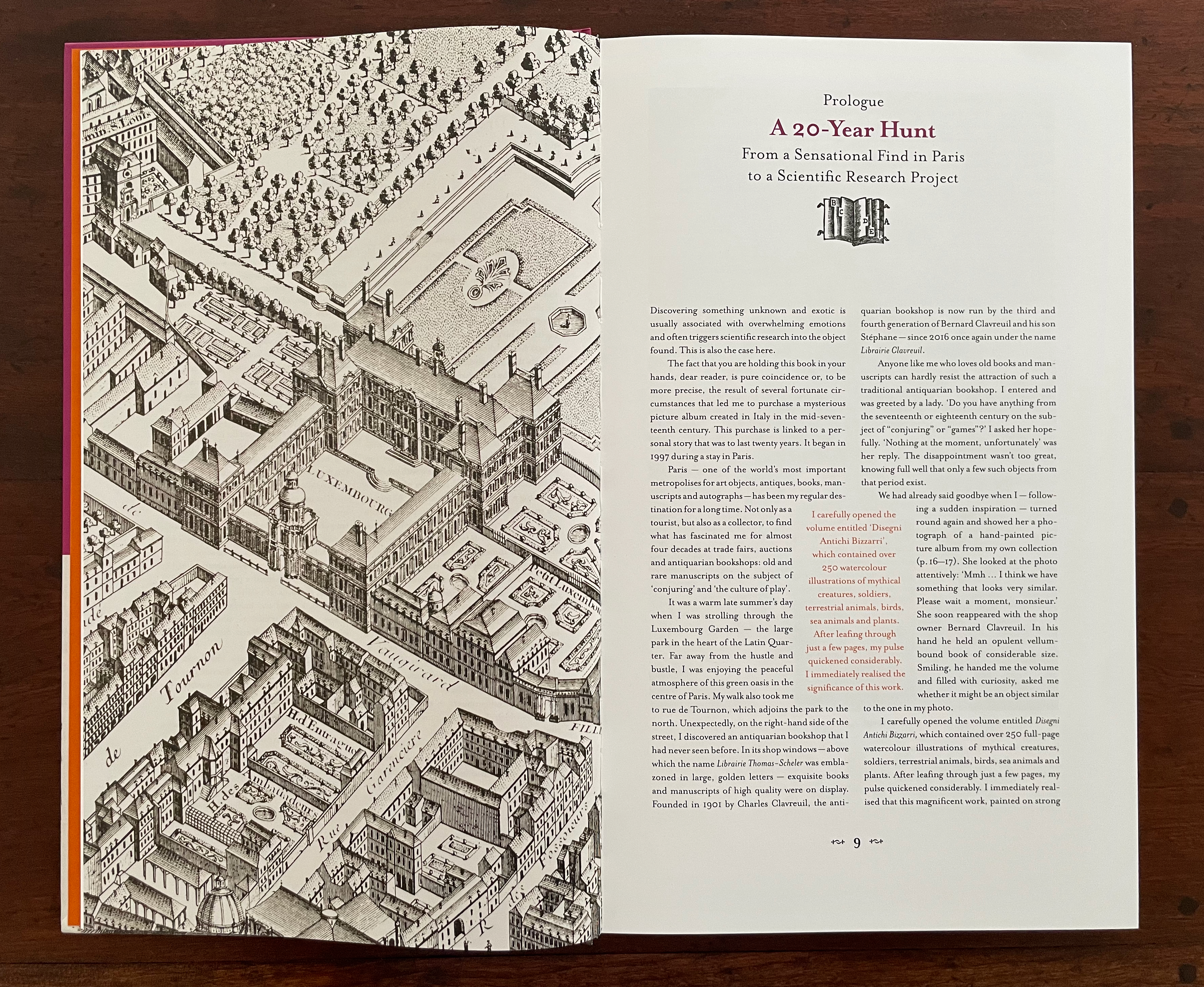 An open book with an illustrated map on the left page and text on the right page. The map depicts buildings and gardens, including the Luxembourg Gardens in Paris, while the text discusses a scientific research project related to a significant find in Paris.
