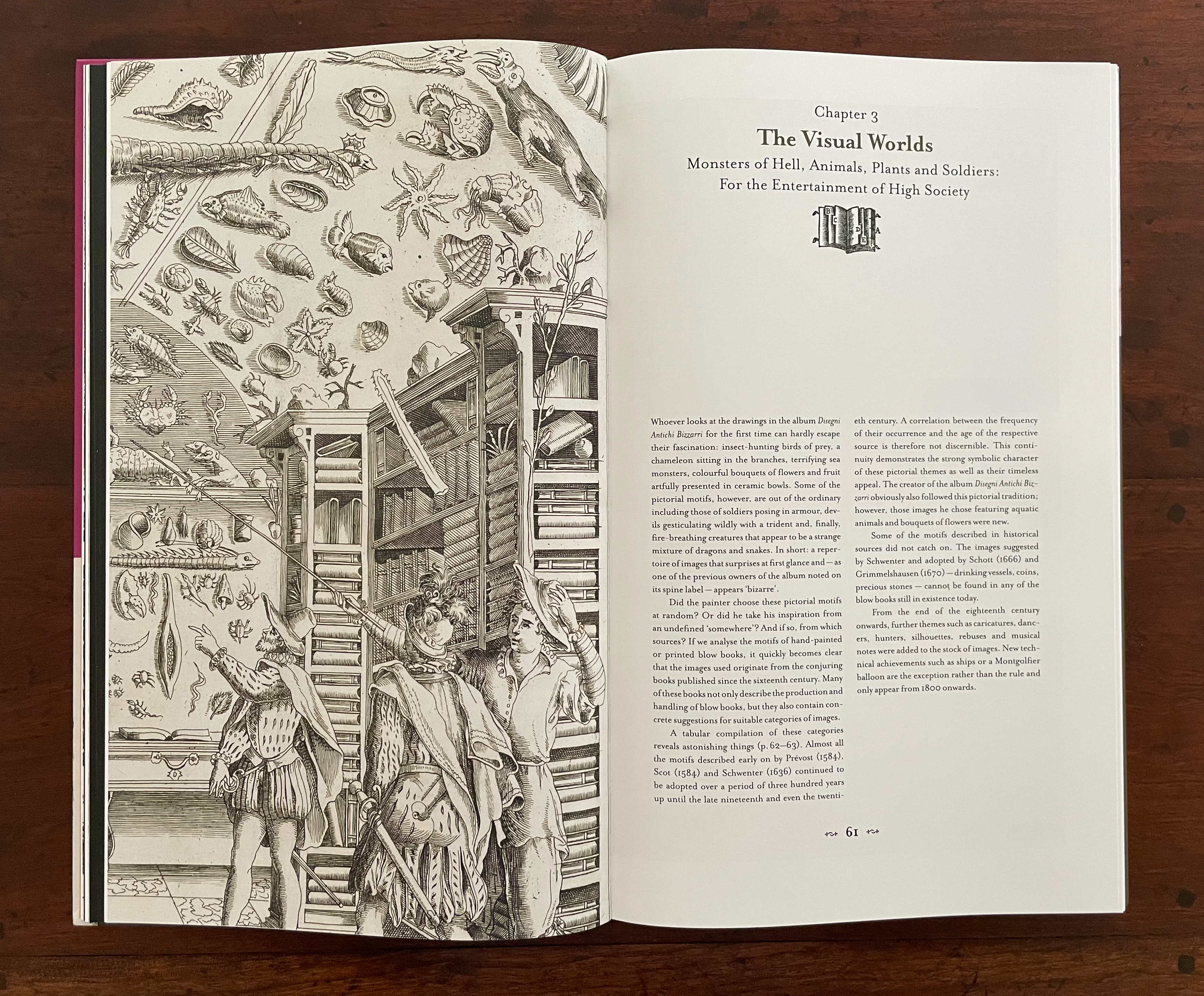 An open book displaying Chapter 3 titled 'The Visual Worlds,' featuring a detailed illustration of men in historical attire pointing towards an array of marine and terrestrial creatures above a wooden bookshelf.