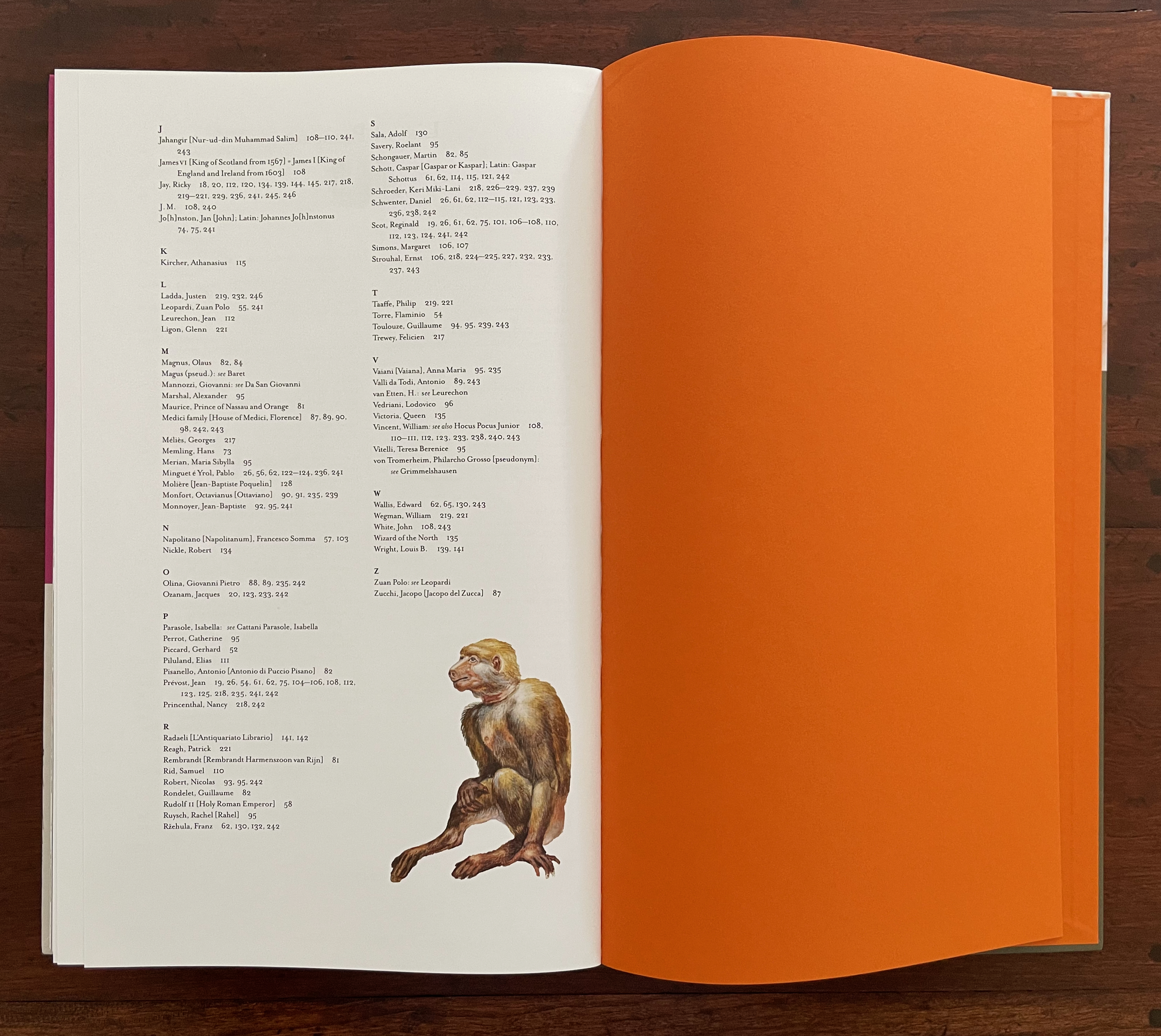 A page of a book featuring an orange background with text entries on one side and an illustration of a monkey on the bottom left.