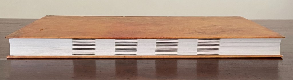 A side view of a closed book with a textured brown cover and a white spine featuring alternating striped patterns.