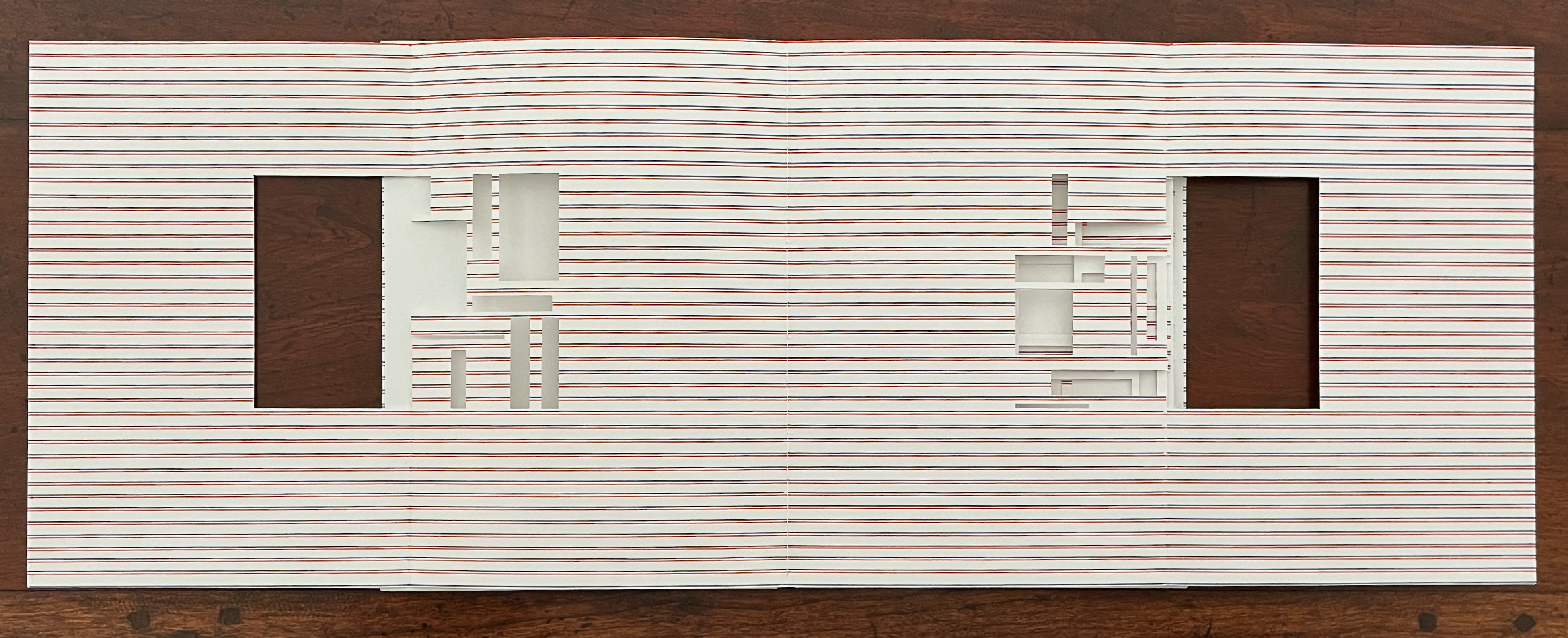 Artistic paper cutout design featuring horizontal red and white stripes with multiple openings.