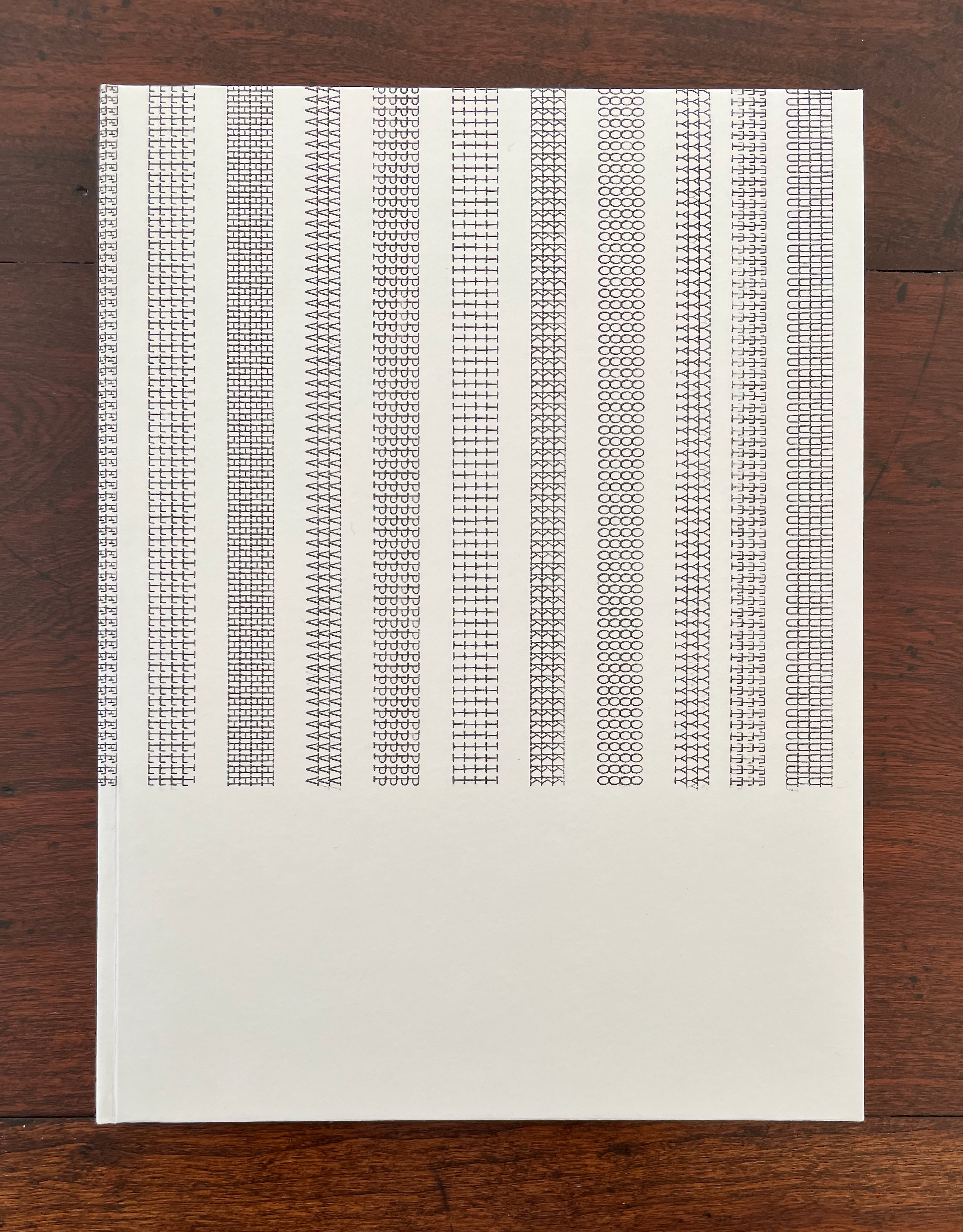 A vertical book cover featuring repeated geometric line patterns in black ink on a white background, with a minimalist design.