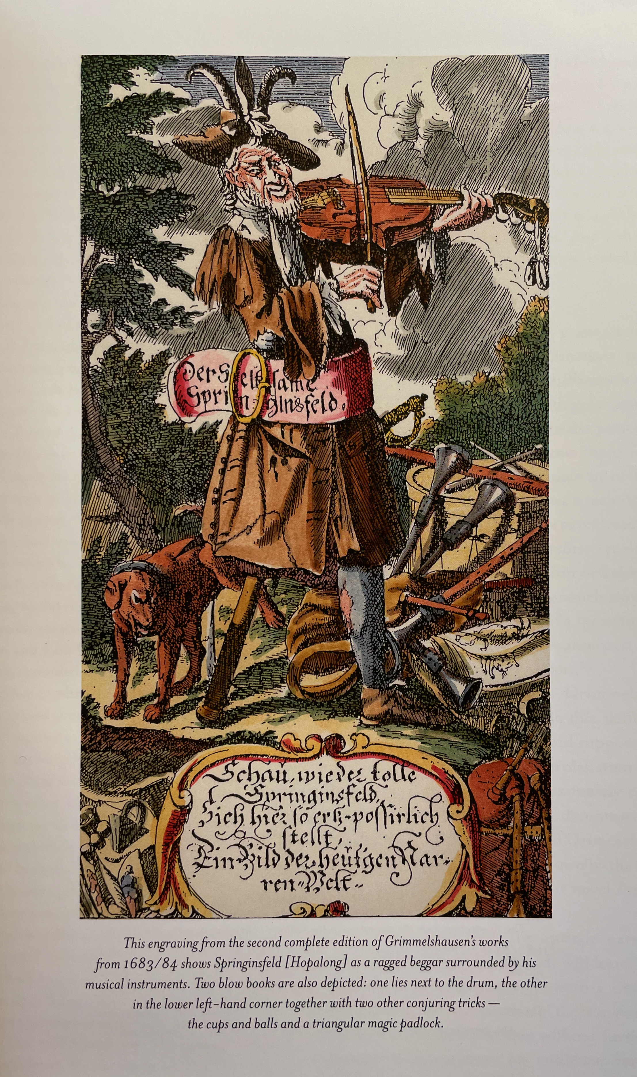 An illustrated engraving from the second complete edition of Grimmelhausen's works, depicting a ragged beggar named Springinsfeld playing a musical instrument. He is surrounded by various musical instruments and magical props, including cups, balls, and a triangular magic padlock.
