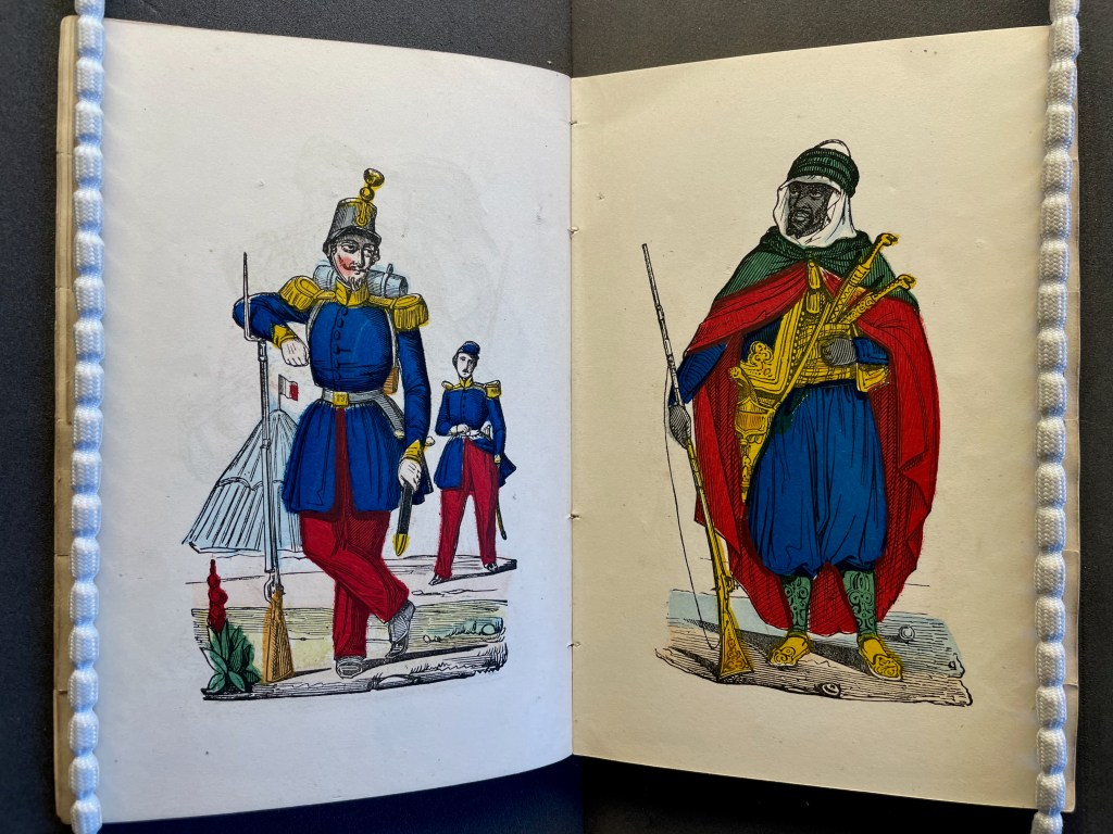 Illustration depicting two soldiers from different historical military uniforms. The left soldier stands confidently with a rifle and a formal stance, while the right soldier is shown holding a weapon, adorned in colorful traditional attire.