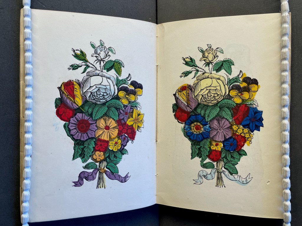 An illustrated open book page featuring a colorful bouquet of flowers, including roses, tulips, and various blooms, with green leaves and ribbons.