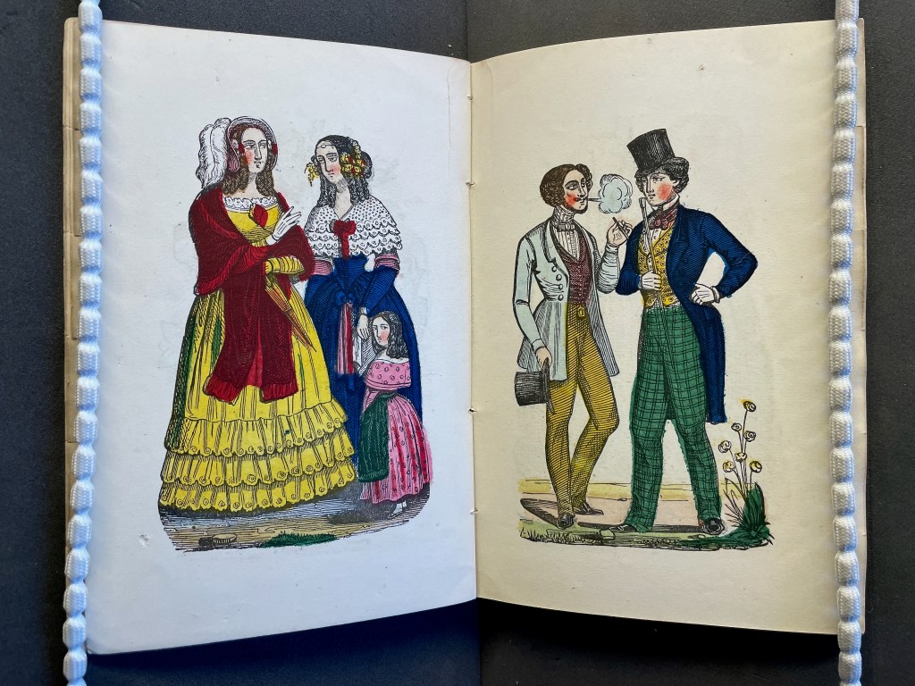 Illustration of four figures from the 19th century: two elegantly dressed women, one in a yellow dress, one in blue, with a young girl between them, and two men in formal attire, one smoking a pipe.