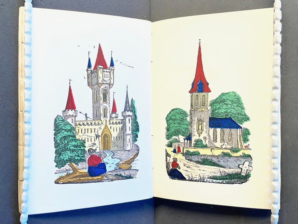 A colorful illustration of a fairytale castle with red and blue towers on the left page and a quaint church surrounded by trees on the right page, both with small figures and a whimsical landscape.