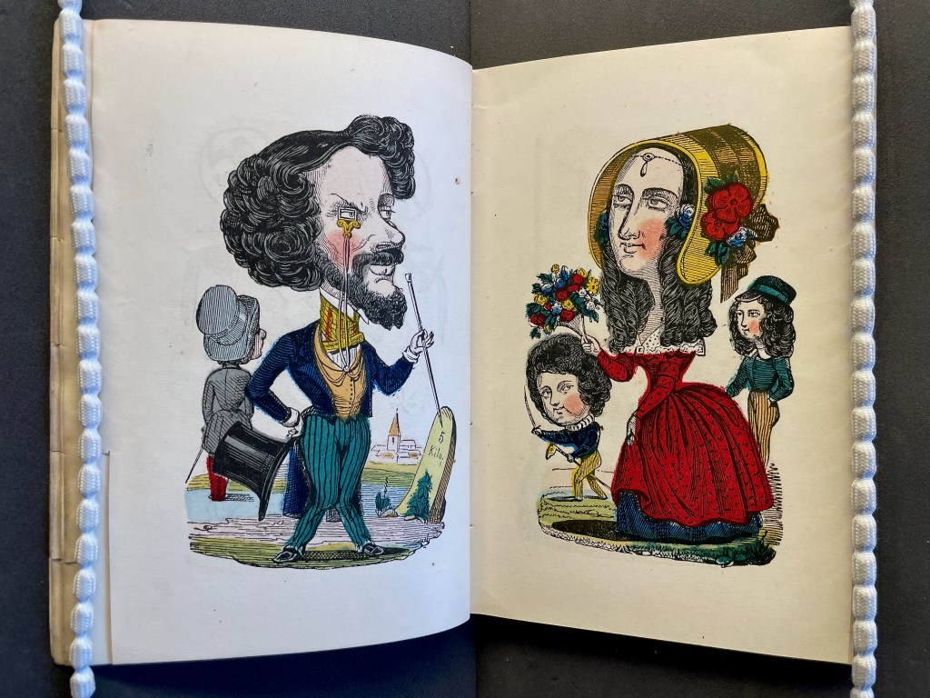 A colorful illustration from a book showing caricatures of a man in a suit with a top hat, gesturing with a cane, and a woman in a red dress holding flowers, accompanied by two children.