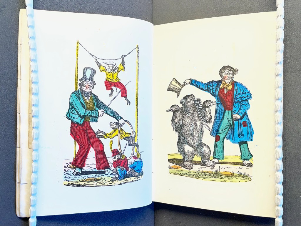 An illustration featuring a circus scene with performers. On the left, an elderly man in a top hat oversees a child on a swing, while a monkey is positioned on a hoop. On the right, a man in a blue coat and bow tie stands next to a bear, holding a hat, as if performing an act.