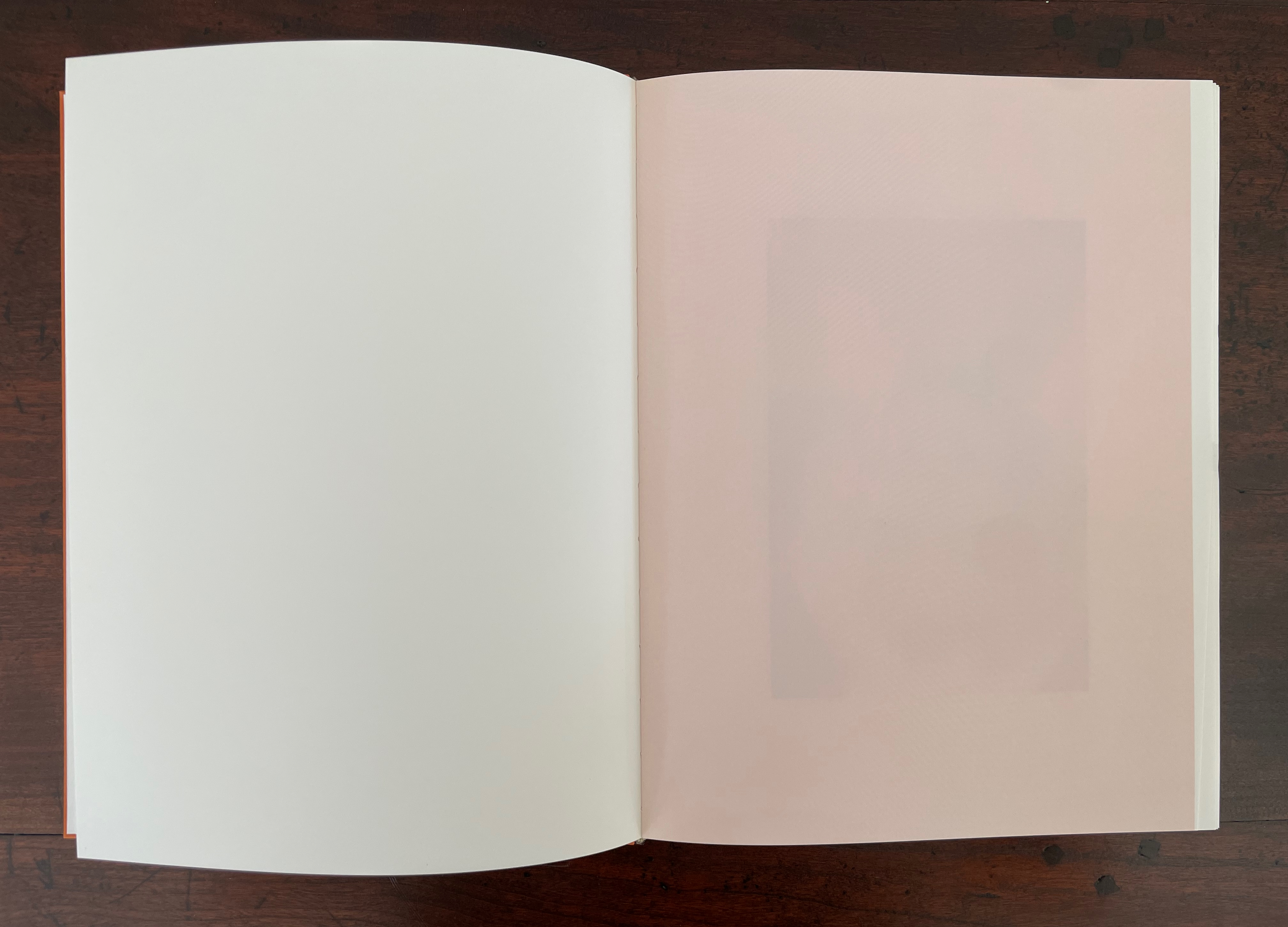 An open book displaying a blank left page and a right page with a faint pink background.