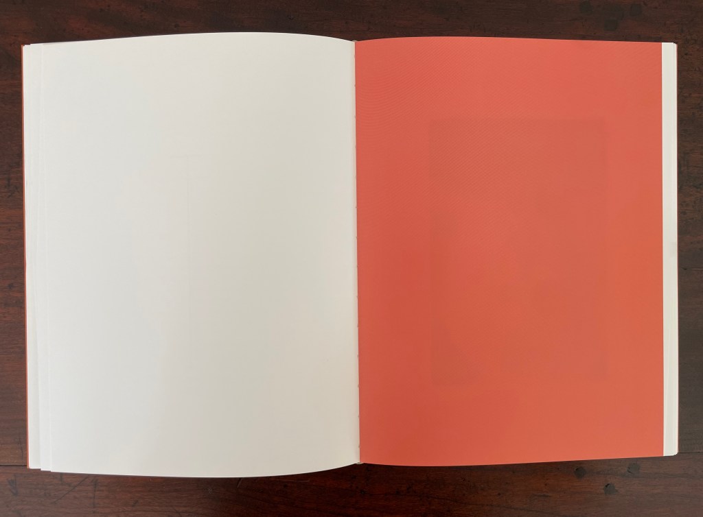 An open book lying on a wooden surface, showcasing a blank white page on the left and a solid orange page on the right.