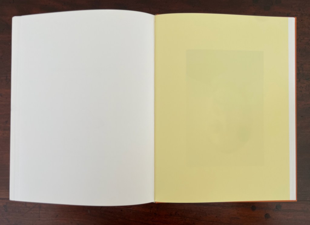 Open book with a blank left page and a yellow right page featuring a faint image.
