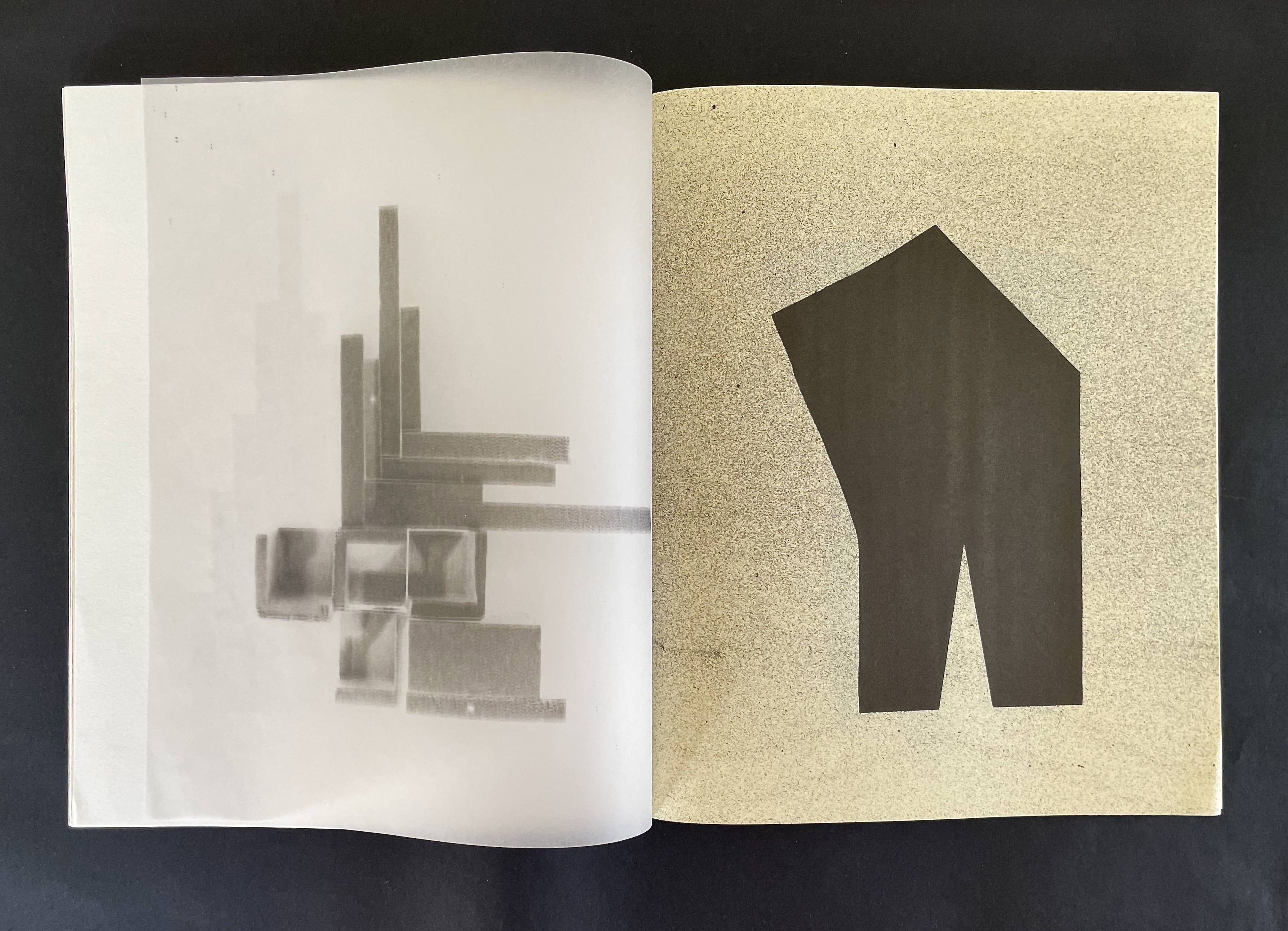 An open book displaying a left page with abstract black-and-white geometric shapes and a right page featuring a large, dark silhouette of a stylized house shape on a textured golden background.
