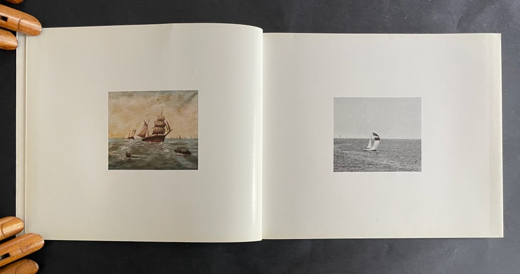 An open book displaying two images: on the left, a color painting of a classic sailing ship on the water; on the right, a black and white photograph of a sailboat sailing on the ocean.