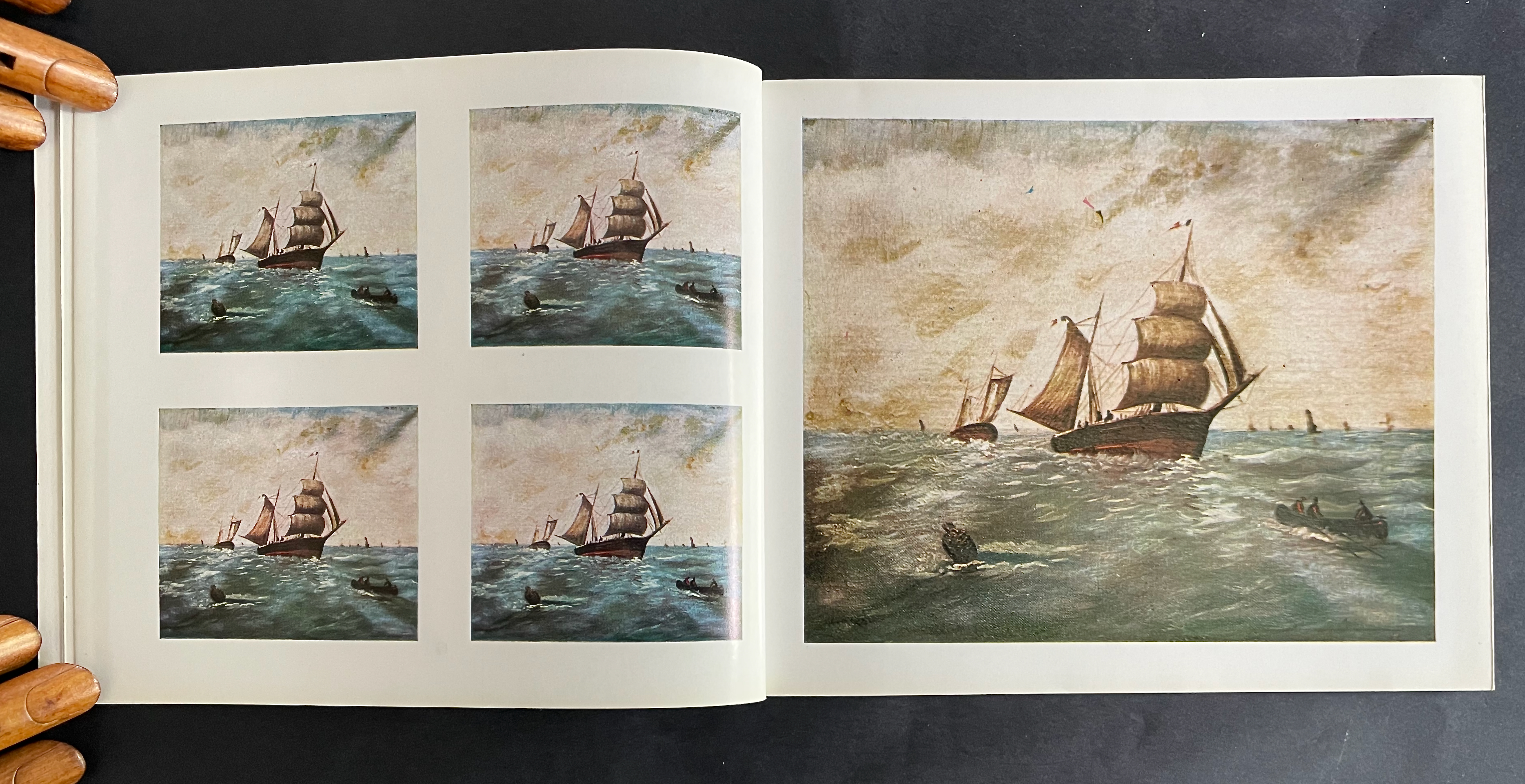 An open book page displaying four small images of sailing ships on water, alongside a larger, vibrant painting of similar boats navigating the ocean.