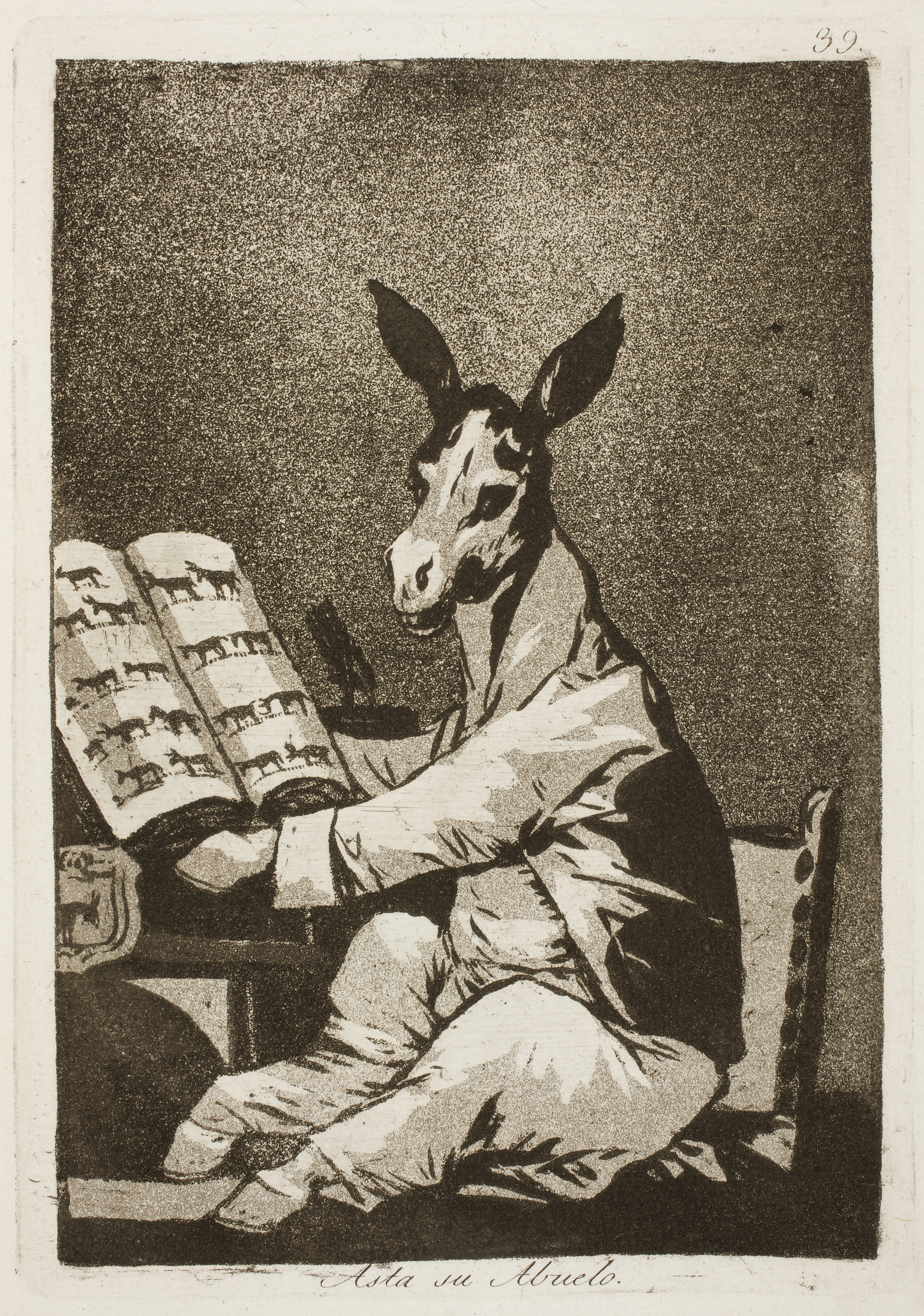A whimsical art piece featuring a dressed donkey sitting and reading a book, surrounded by a muted background.