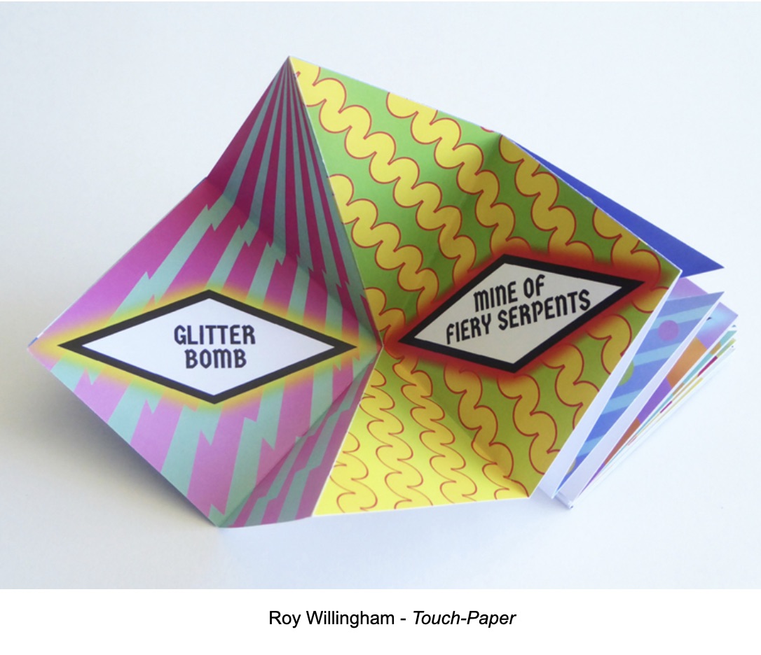 Colorful pop-up book page featuring geometric designs, with text labels 'GLITTER BOMB' and 'MINE OF FIERY SERPENTS'.