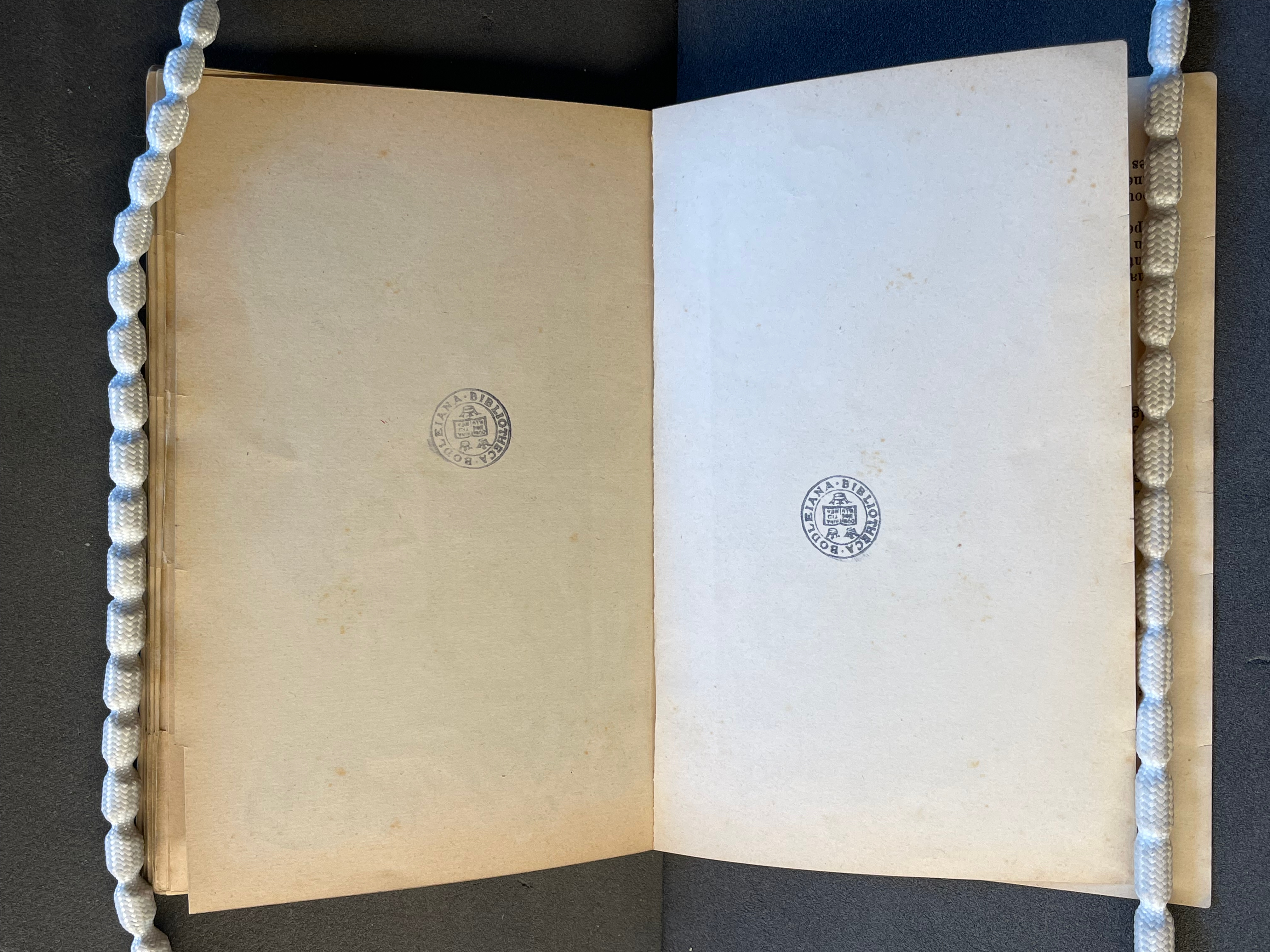 Open book pages showing a library stamp in the center and a decorative spine ribbon.