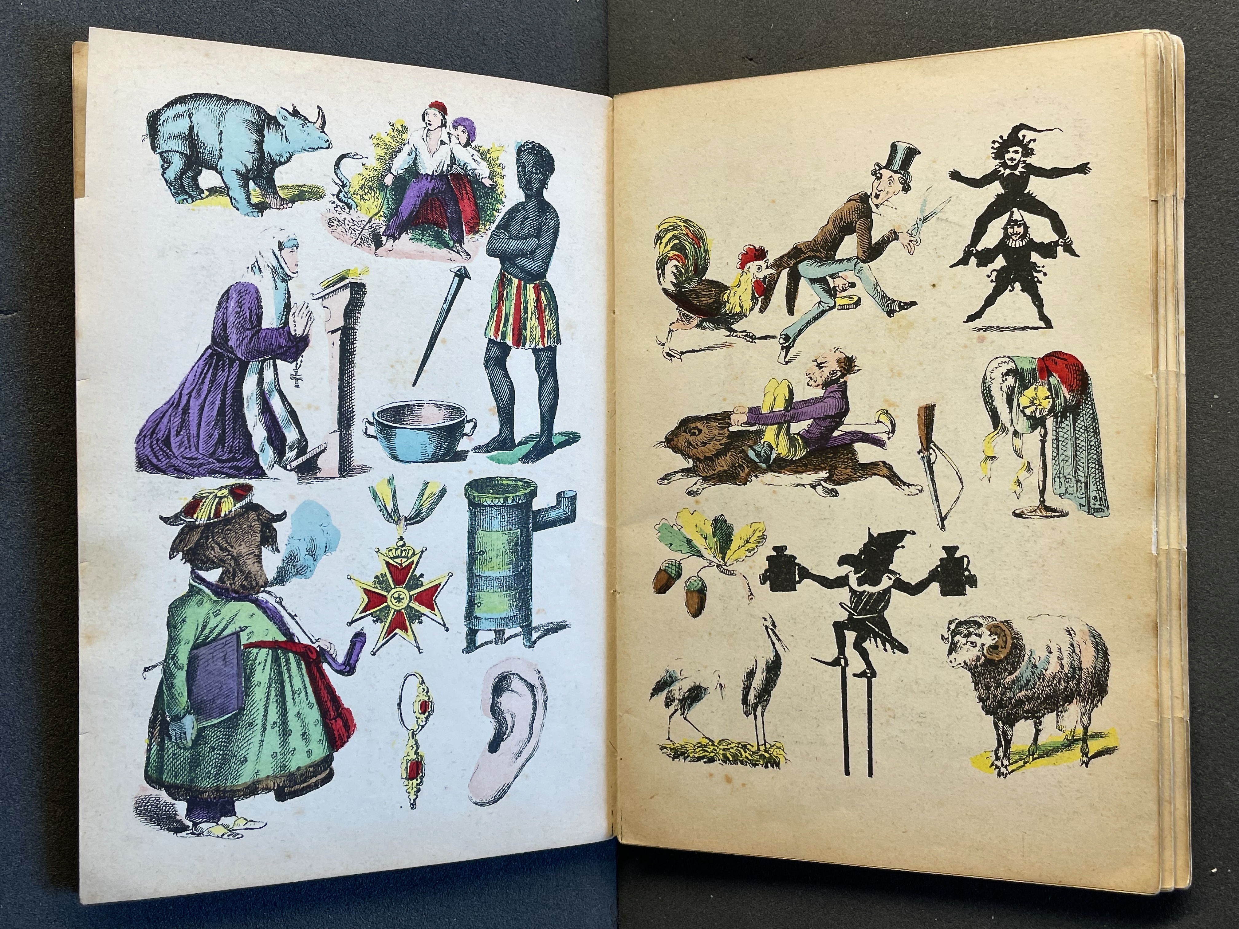 A page featuring colorful illustrations of various characters and animals, including a bear, figures in historical attire, a rooster, and amusing scenes of people in playful poses.