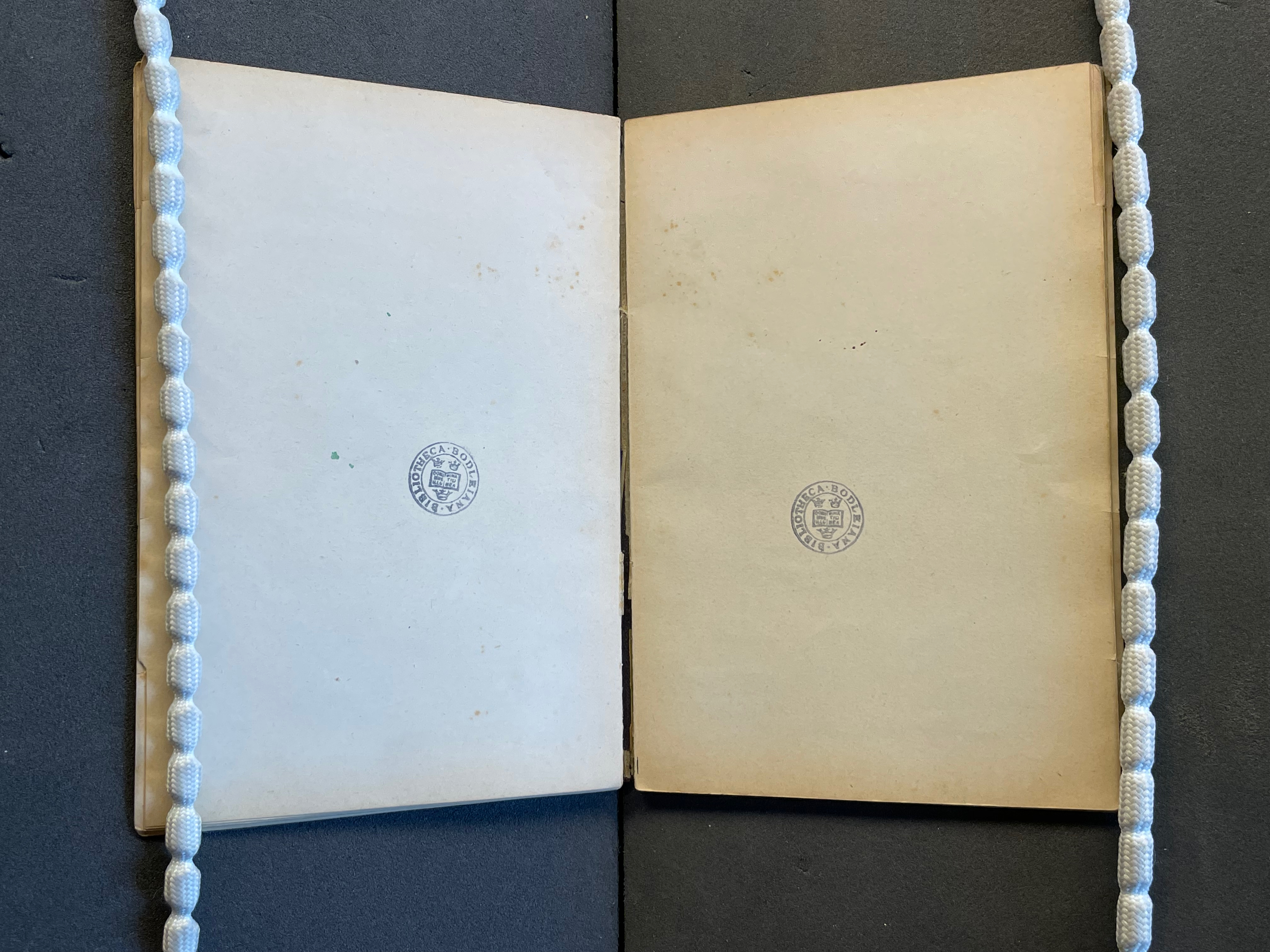 Open book pages with a blank appearance and a circular emblem on each page, alongside a decorative white cord.